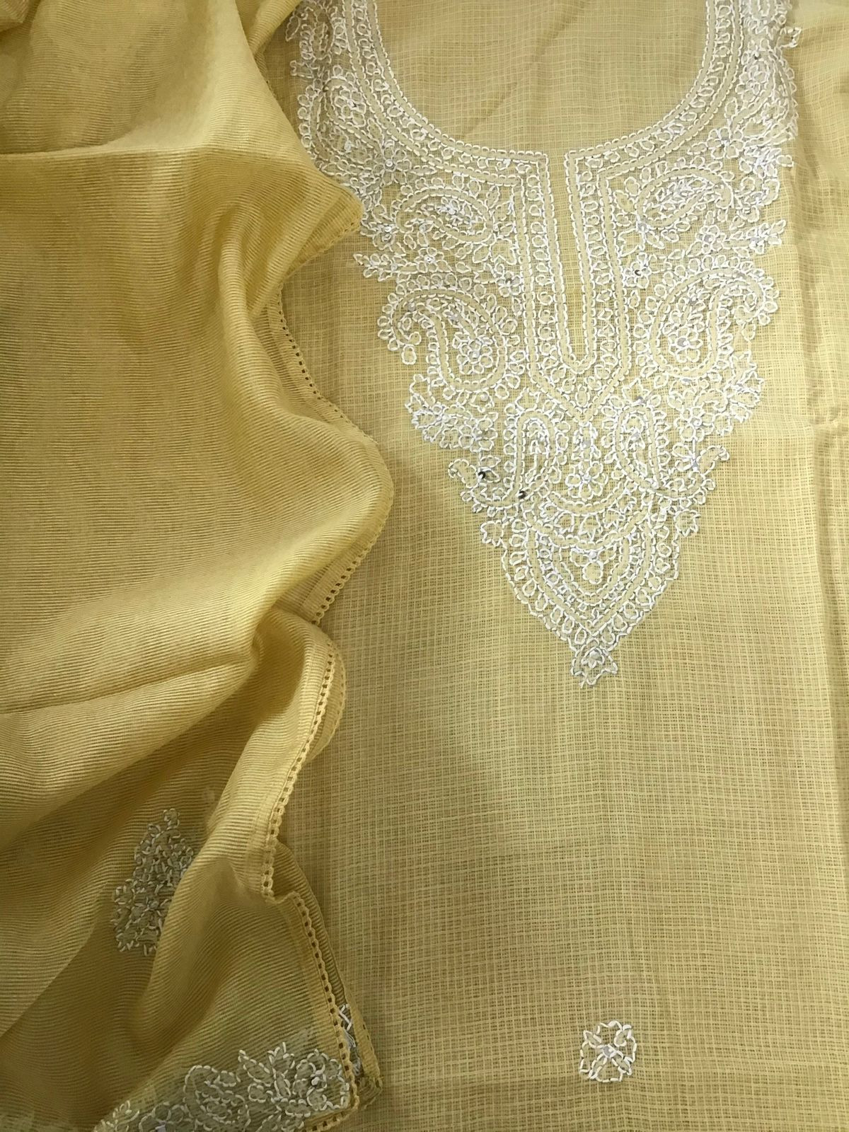 Pure Kota Cotton Embroidered Suit - Yellow