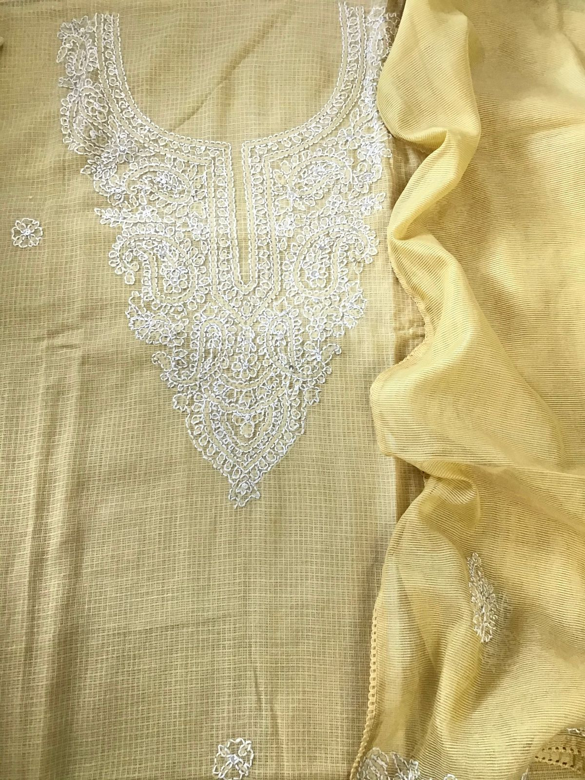 Pure Kota Cotton Embroidered Suit - Yellow
