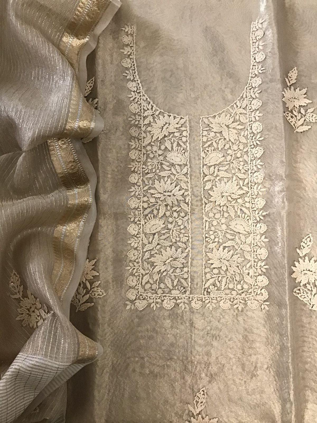 Soft Tissue Silk Embroidered Suit - Beige