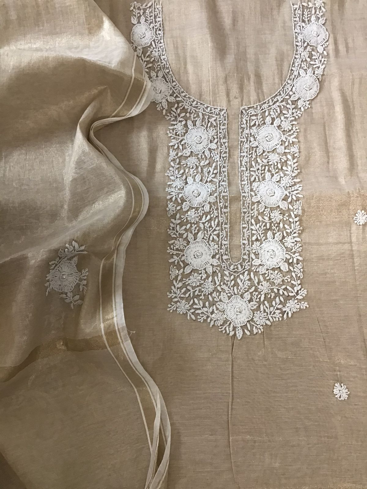 Soft Tissue Silk Embroidered Suit - Beige