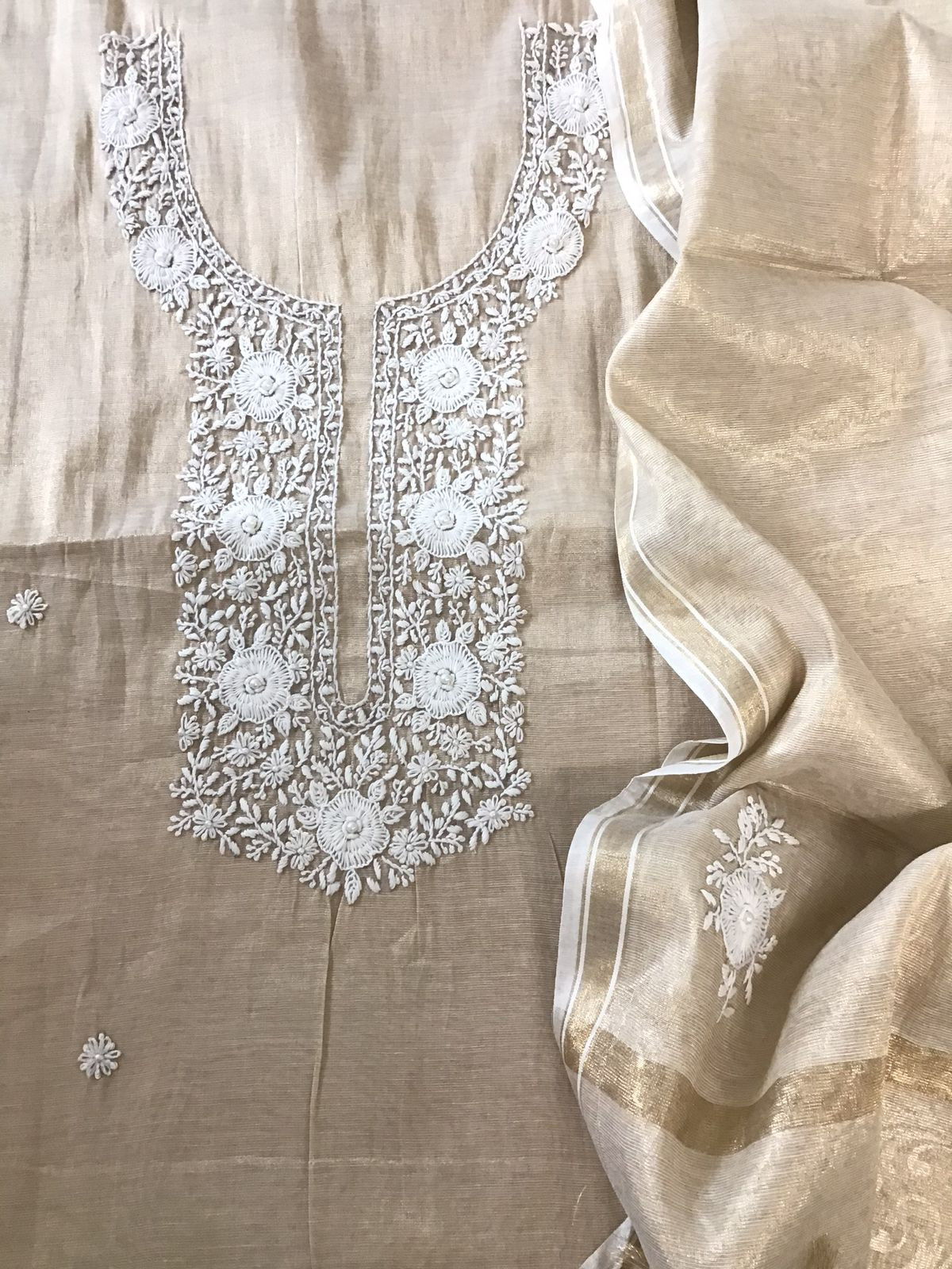 Soft Tissue Silk Embroidered Suit - Beige