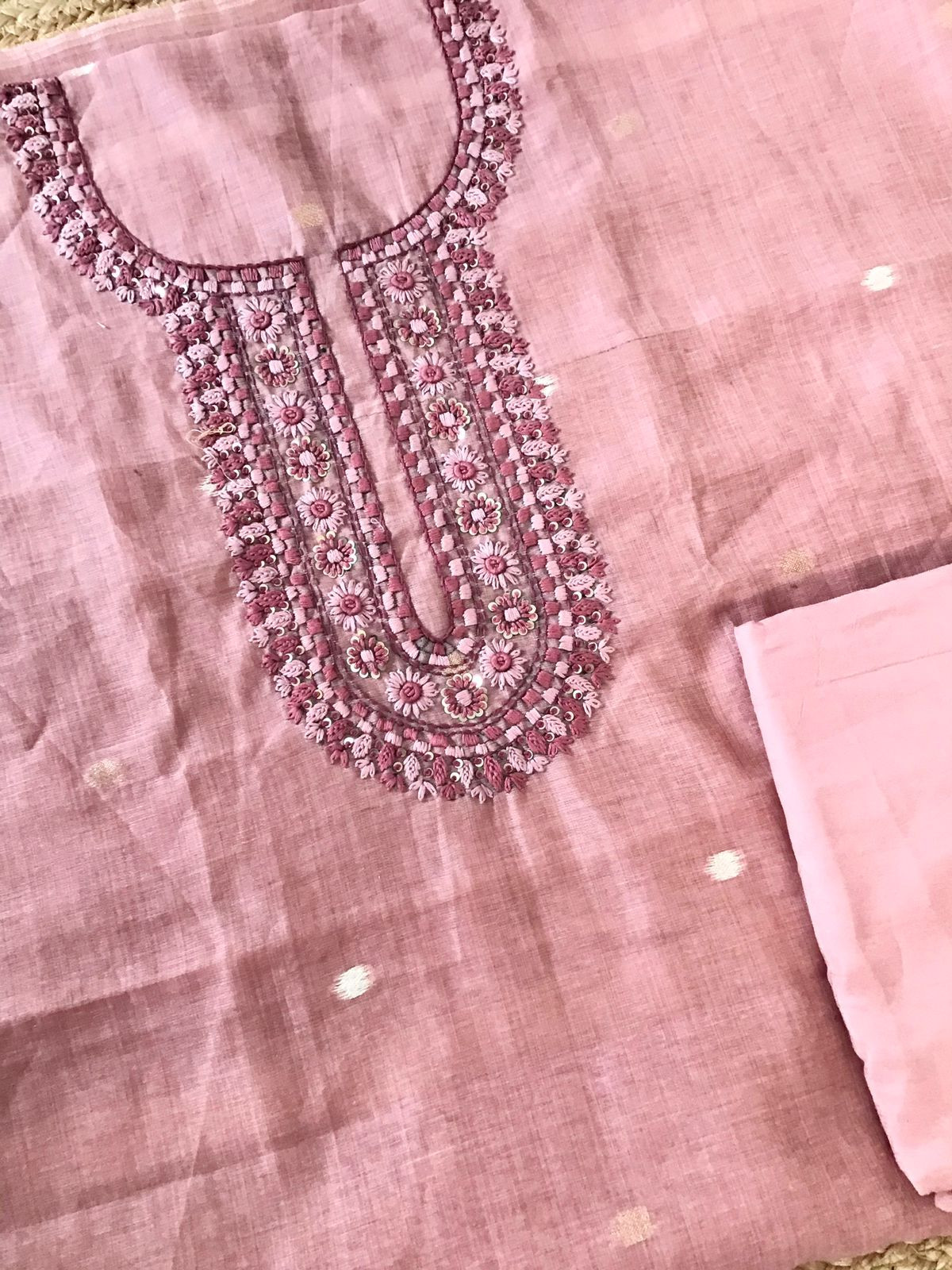 Soft Slub Chanderi Jamdani Weaved Embroidered Suit - Pink
