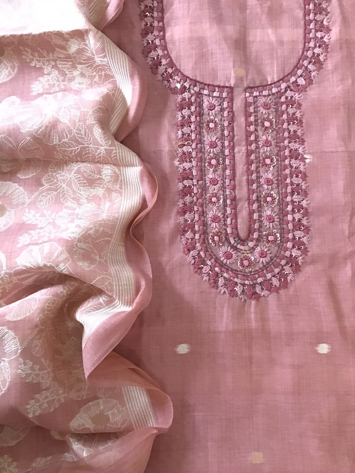 Soft Slub Chanderi Jamdani Weaved Embroidered Suit - Pink