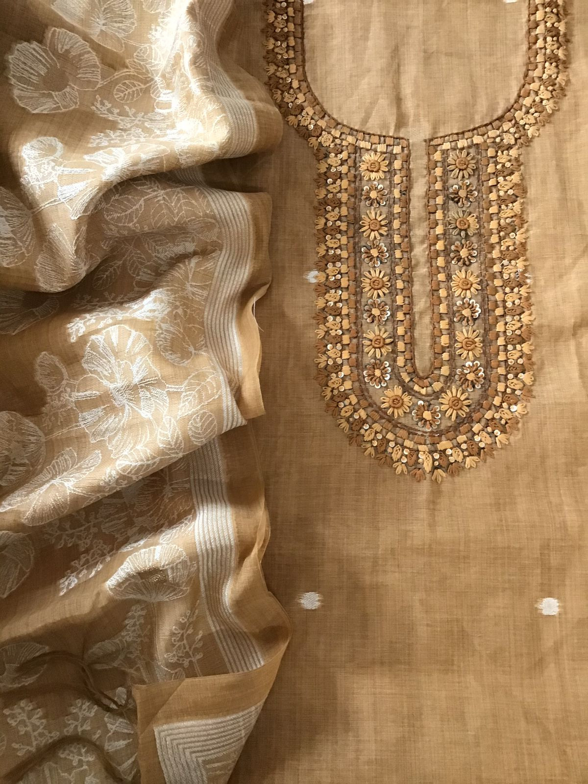 Soft Slub Chanderi Jamdani Weaved Embroidered Suit - Mustard Yellow