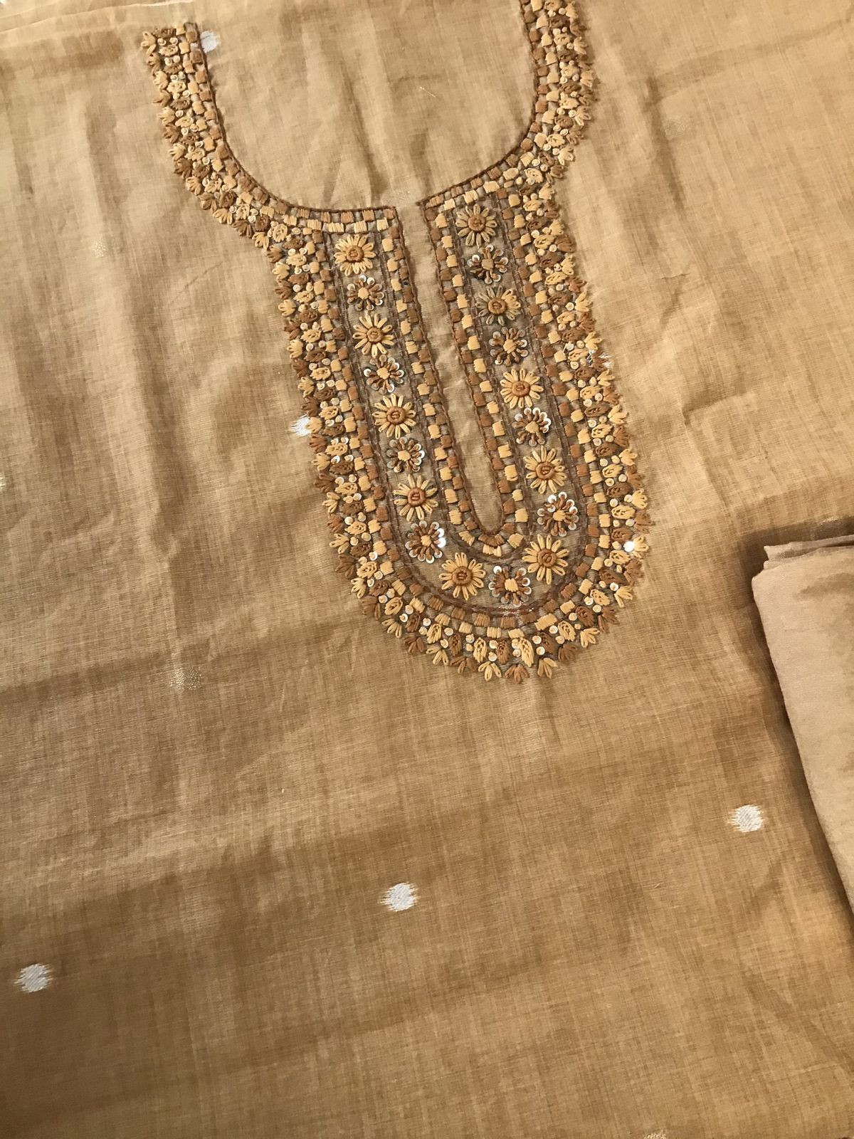 Soft Slub Chanderi Jamdani Weaved Embroidered Suit - Mustard Yellow