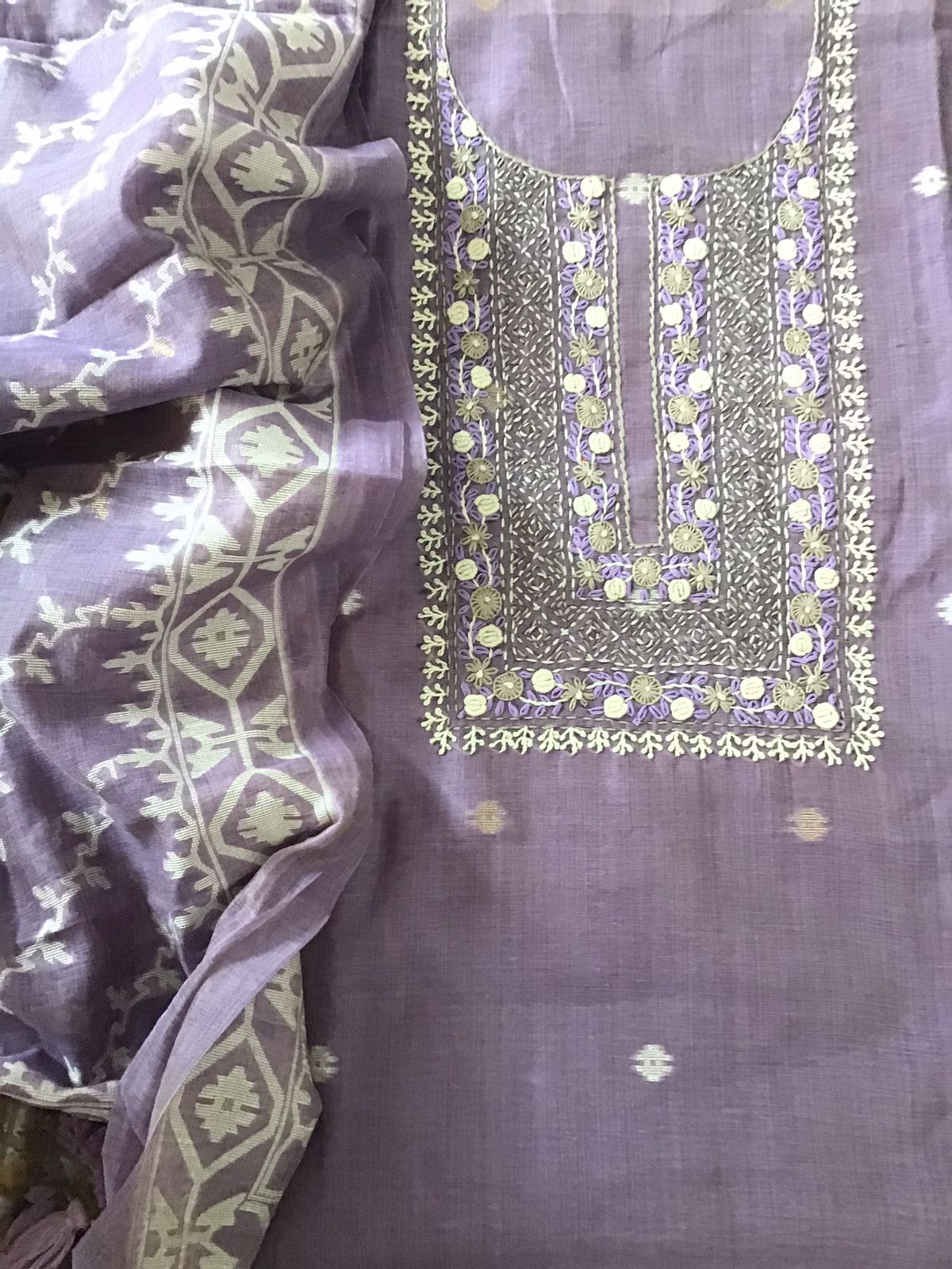 Soft Slub Chanderi Jamdani Weaved Embroidered Suit - Lavender