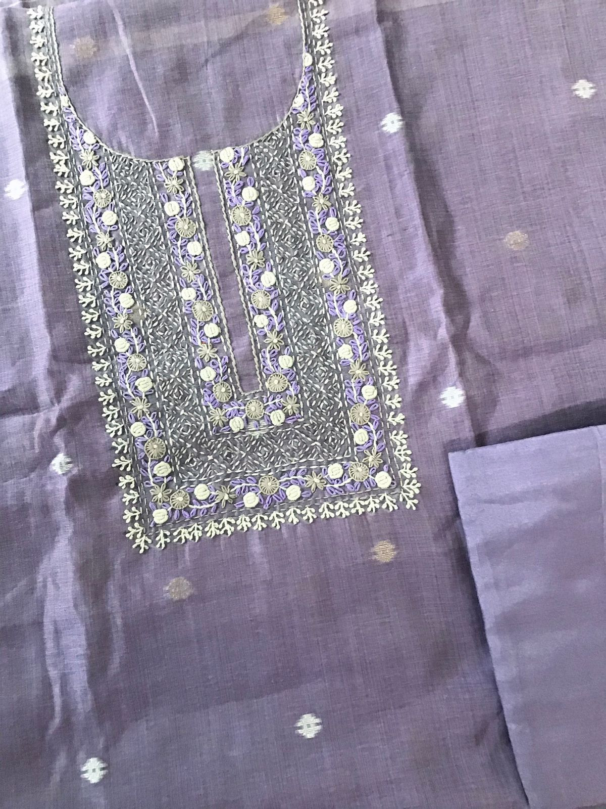 Soft Slub Chanderi Jamdani Weaved Embroidered Suit - Lavender