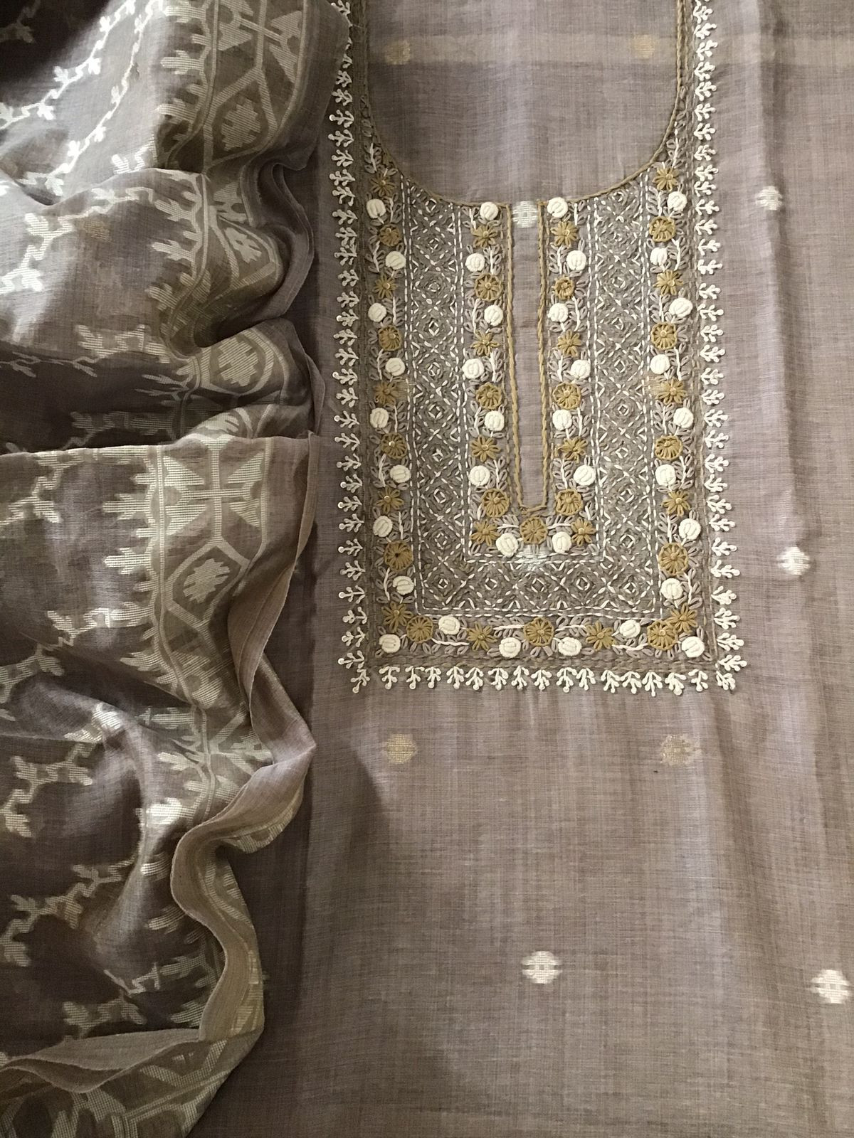 Soft Slub Chanderi Jamdani Weaved Embroidered Suit - Brown