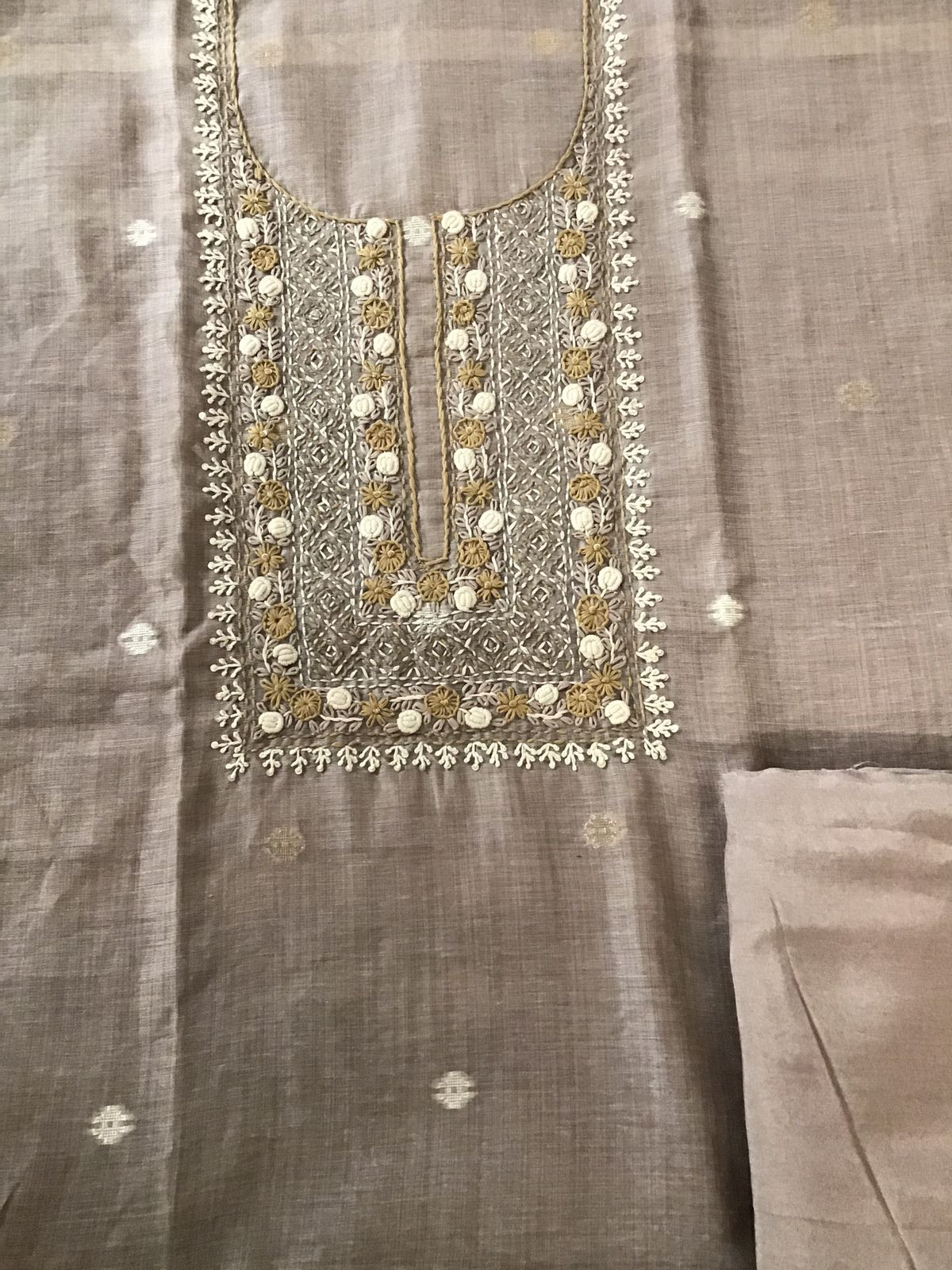 Soft Slub Chanderi Jamdani Weaved Embroidered Suit - Brown