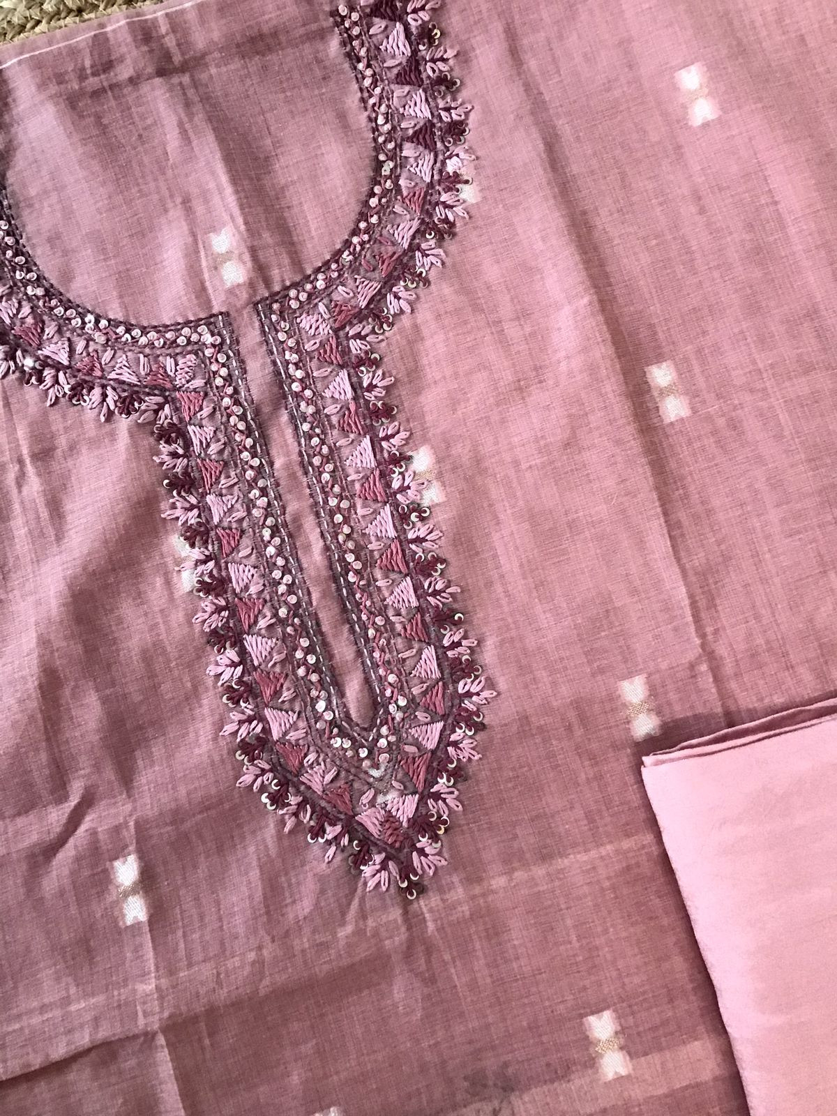 Soft Slub Chanderi Jamdani Weaved Embroidered Suit - Pink