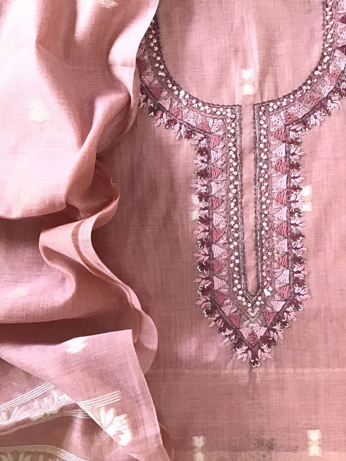 Soft Slub Chanderi Jamdani Weaved Embroidered Suit - Pink