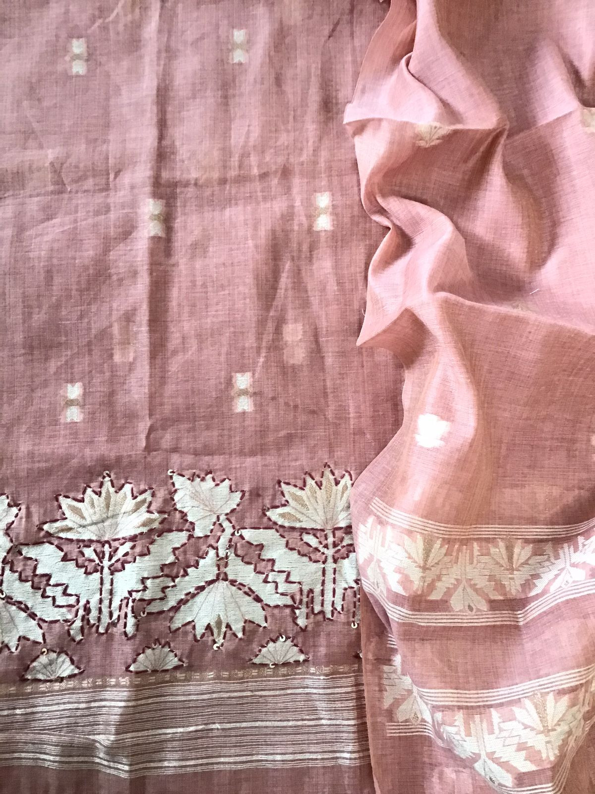 Soft Slub Chanderi Jamdani Weaved Embroidered Suit - Pink