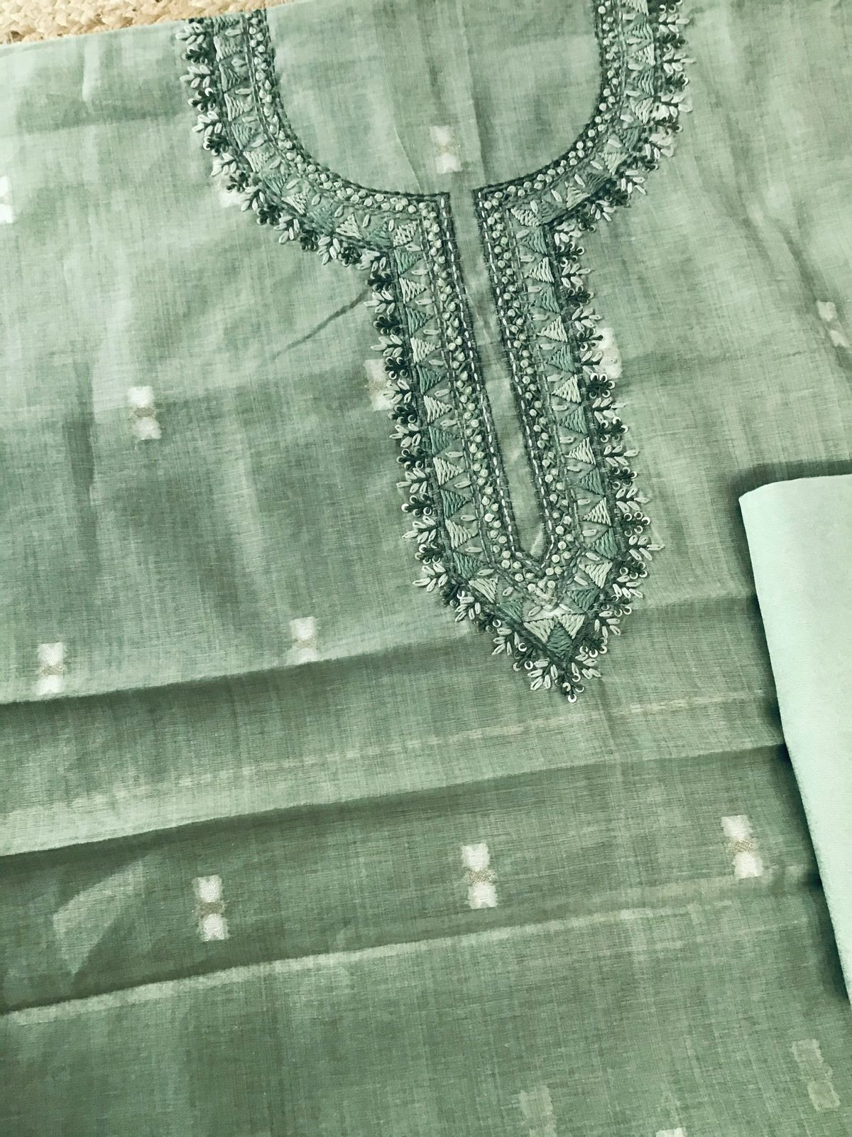 Soft Slub Chanderi Jamdani Weaved Embroidered Suit - Green