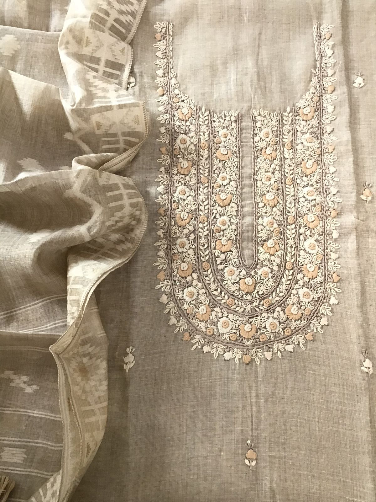 Soft Slub Chanderi Jamdani Weaved Embroidered Suit - Beige