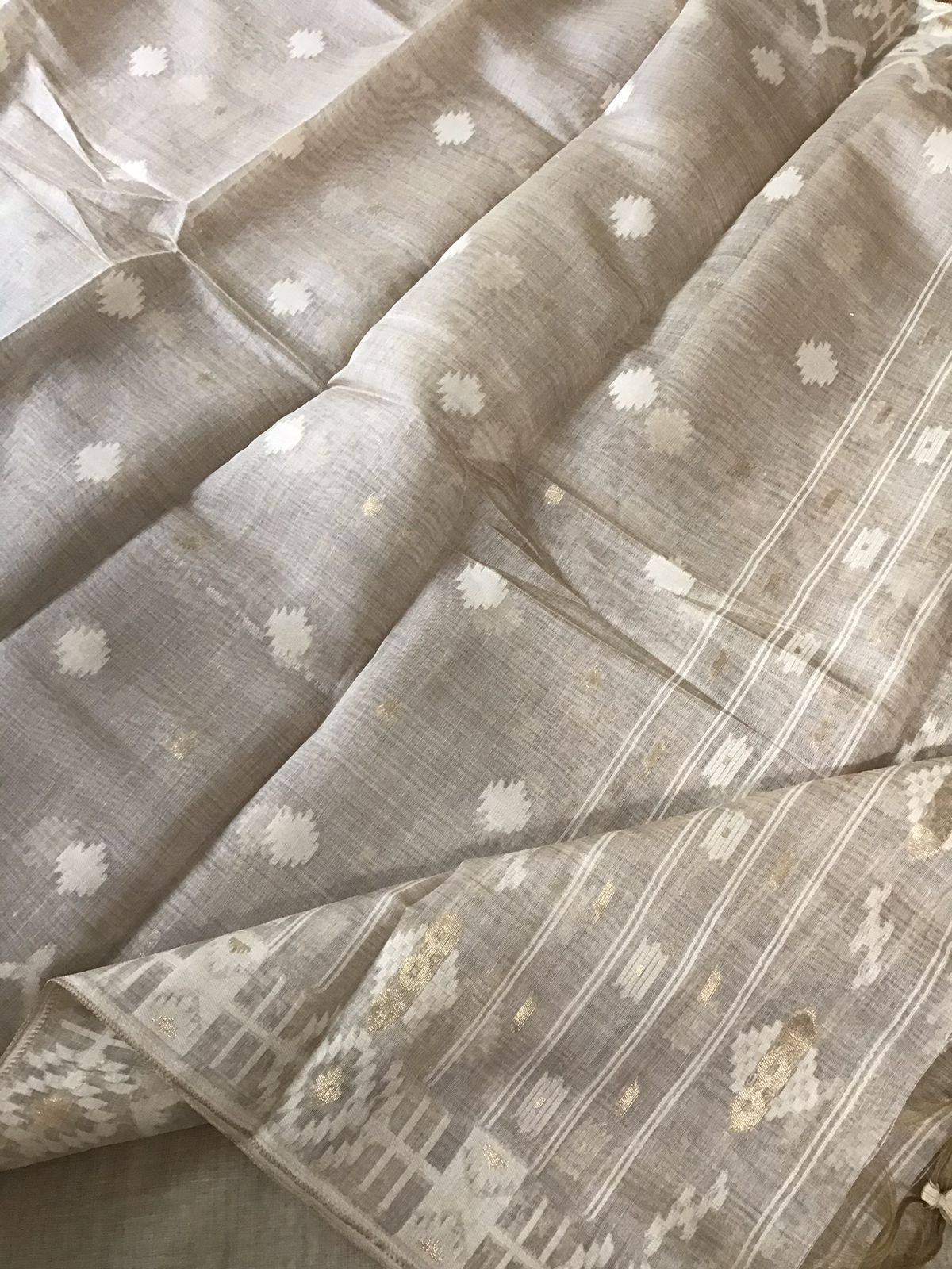 Soft Slub Chanderi Jamdani Weaved Embroidered Suit - Beige