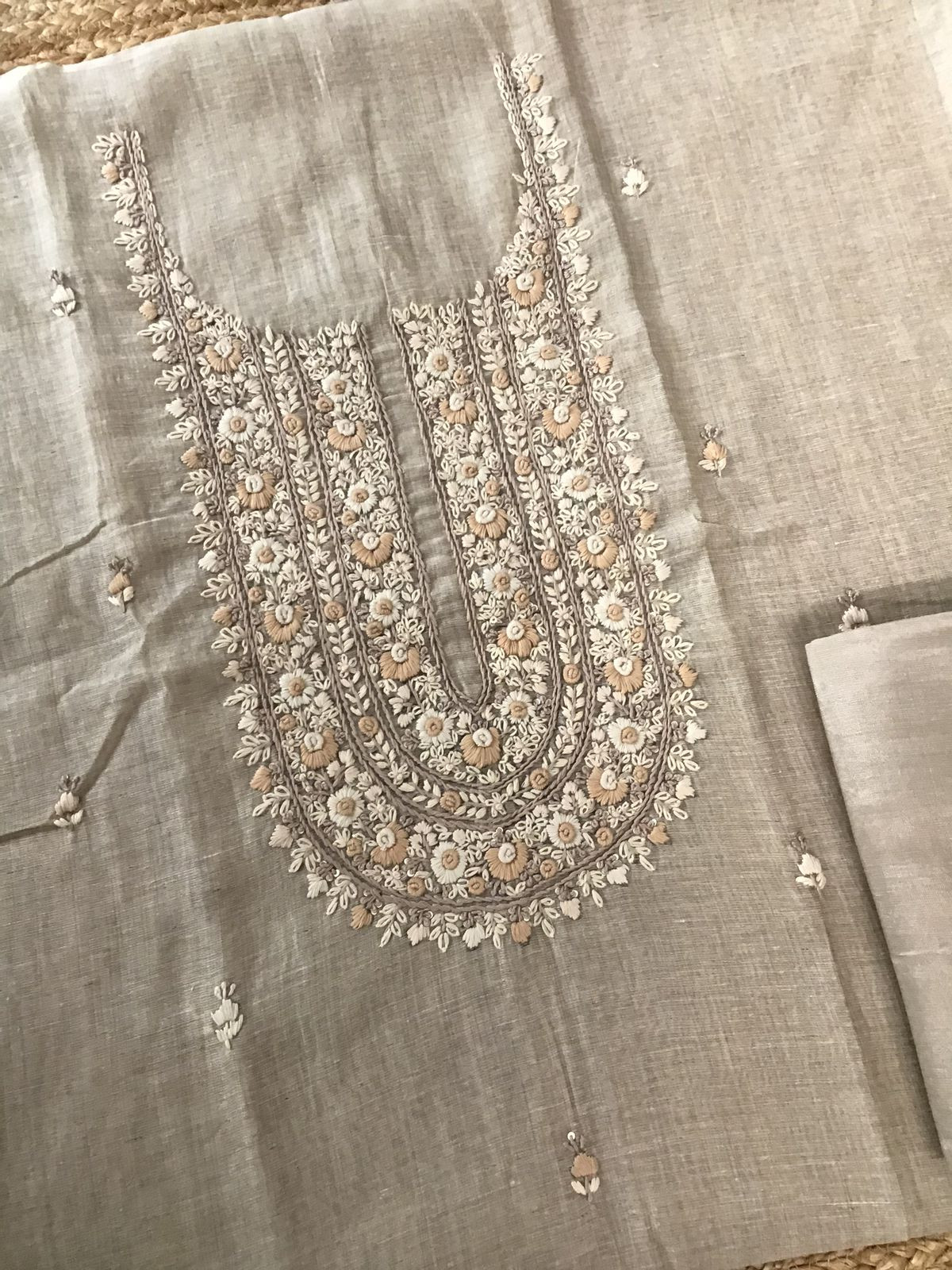 Soft Slub Chanderi Jamdani Weaved Embroidered Suit - Beige