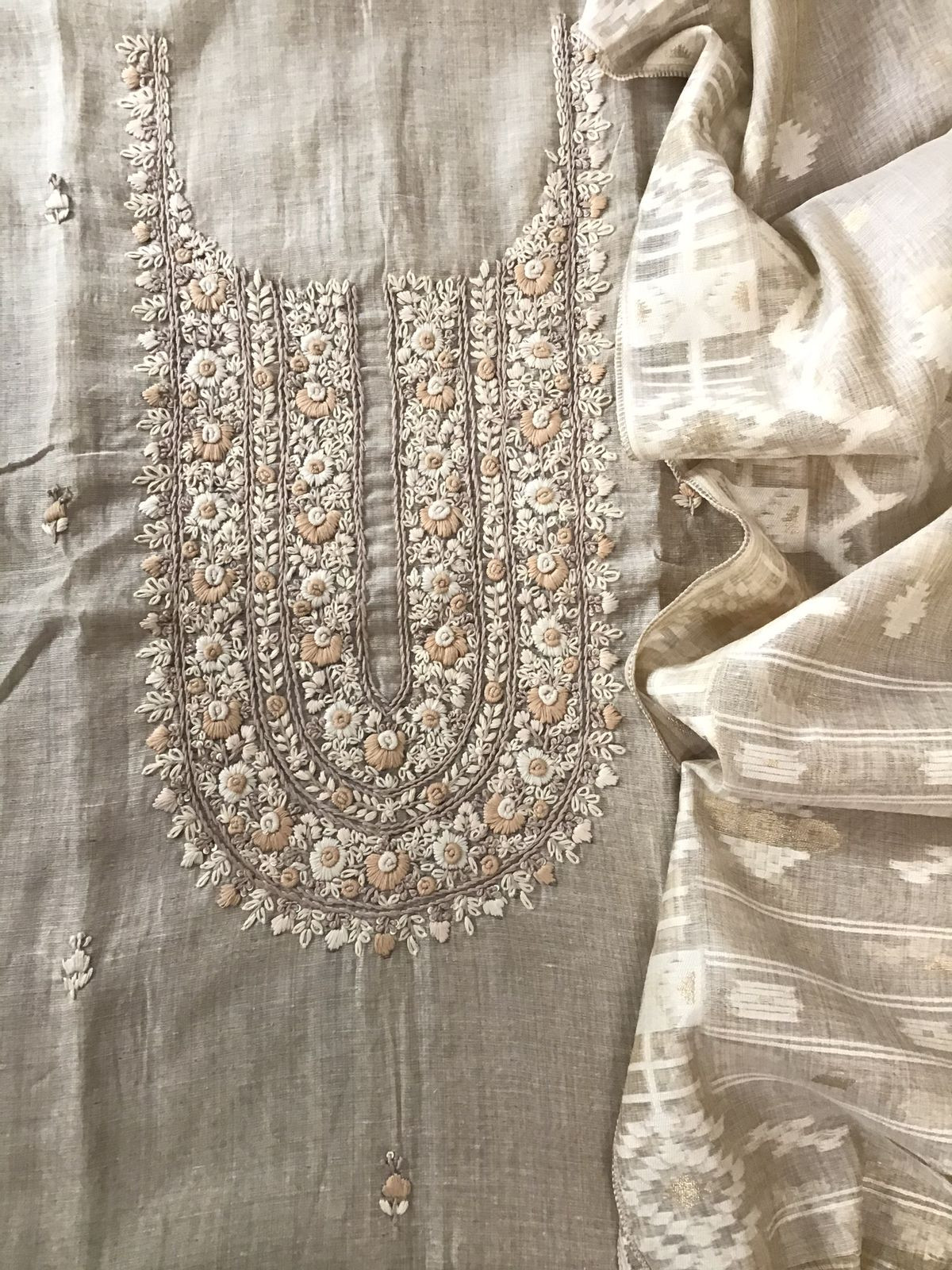 Soft Slub Chanderi Jamdani Weaved Embroidered Suit - Beige