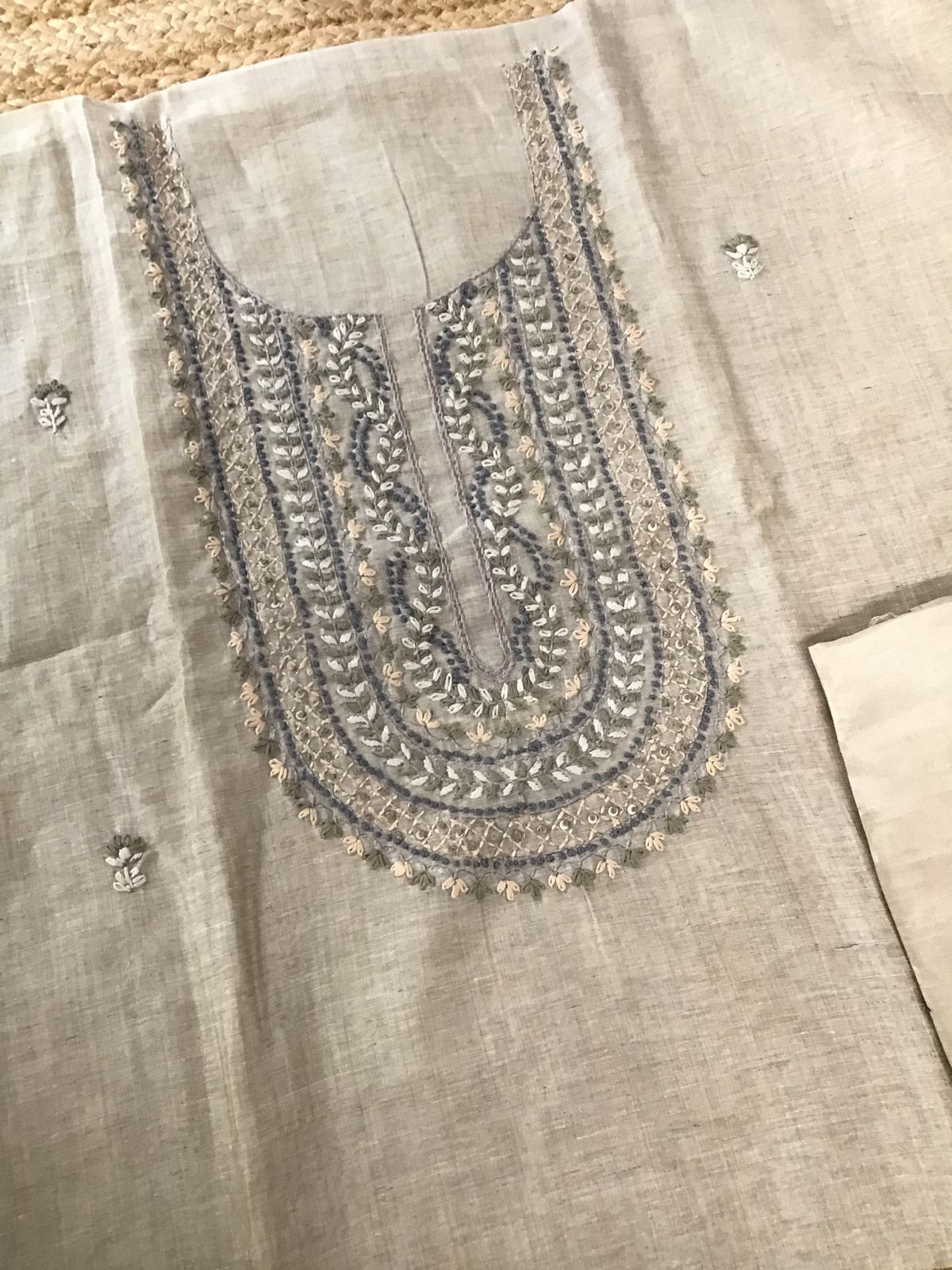 Soft Slub Chanderi Jamdani Weaved Embroidered Suit - Beige