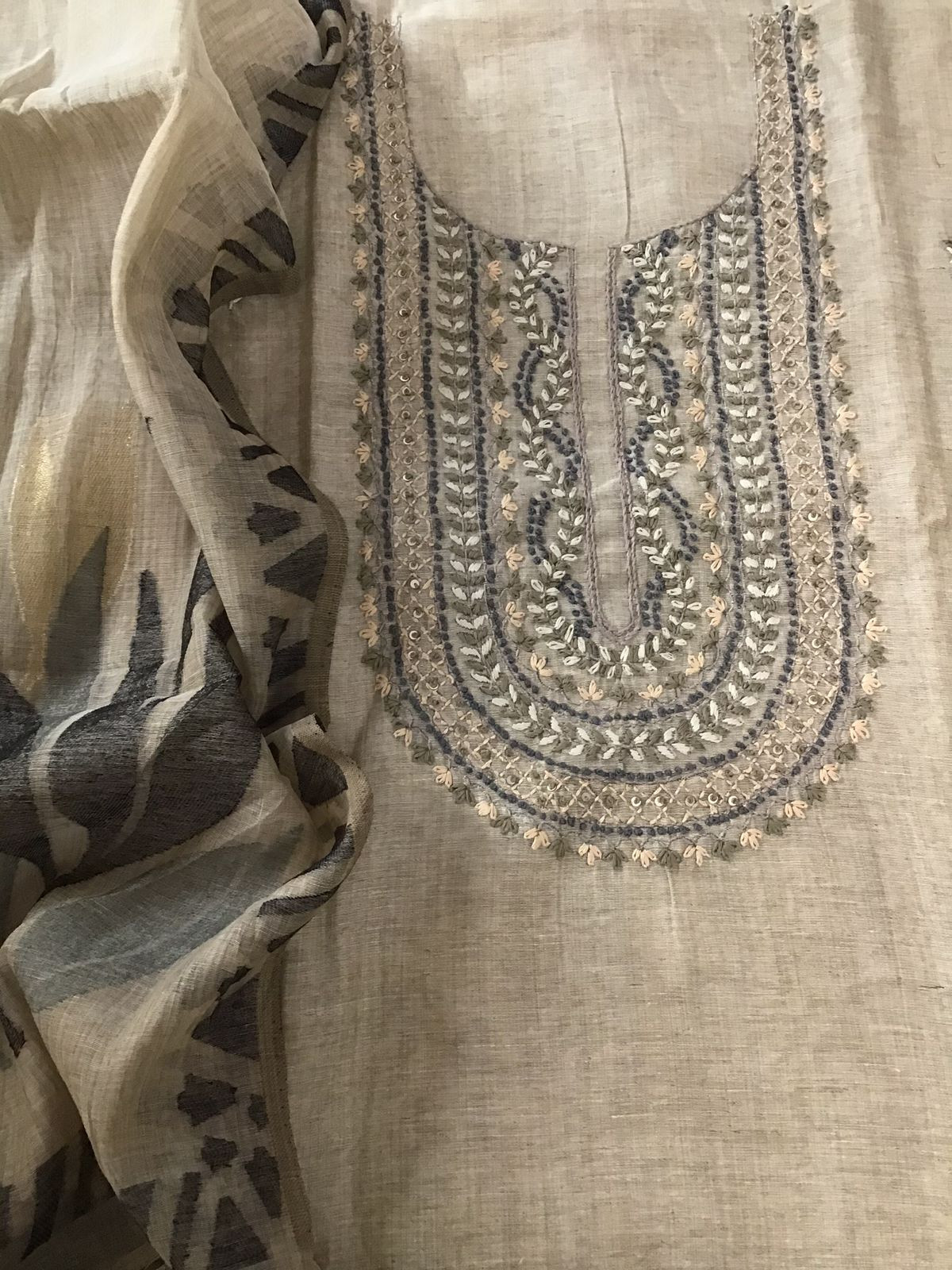 Soft Slub Chanderi Jamdani Weaved Embroidered Suit - Beige