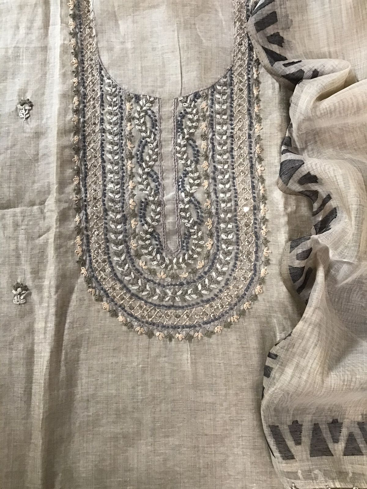 Soft Slub Chanderi Jamdani Weaved Embroidered Suit - Beige