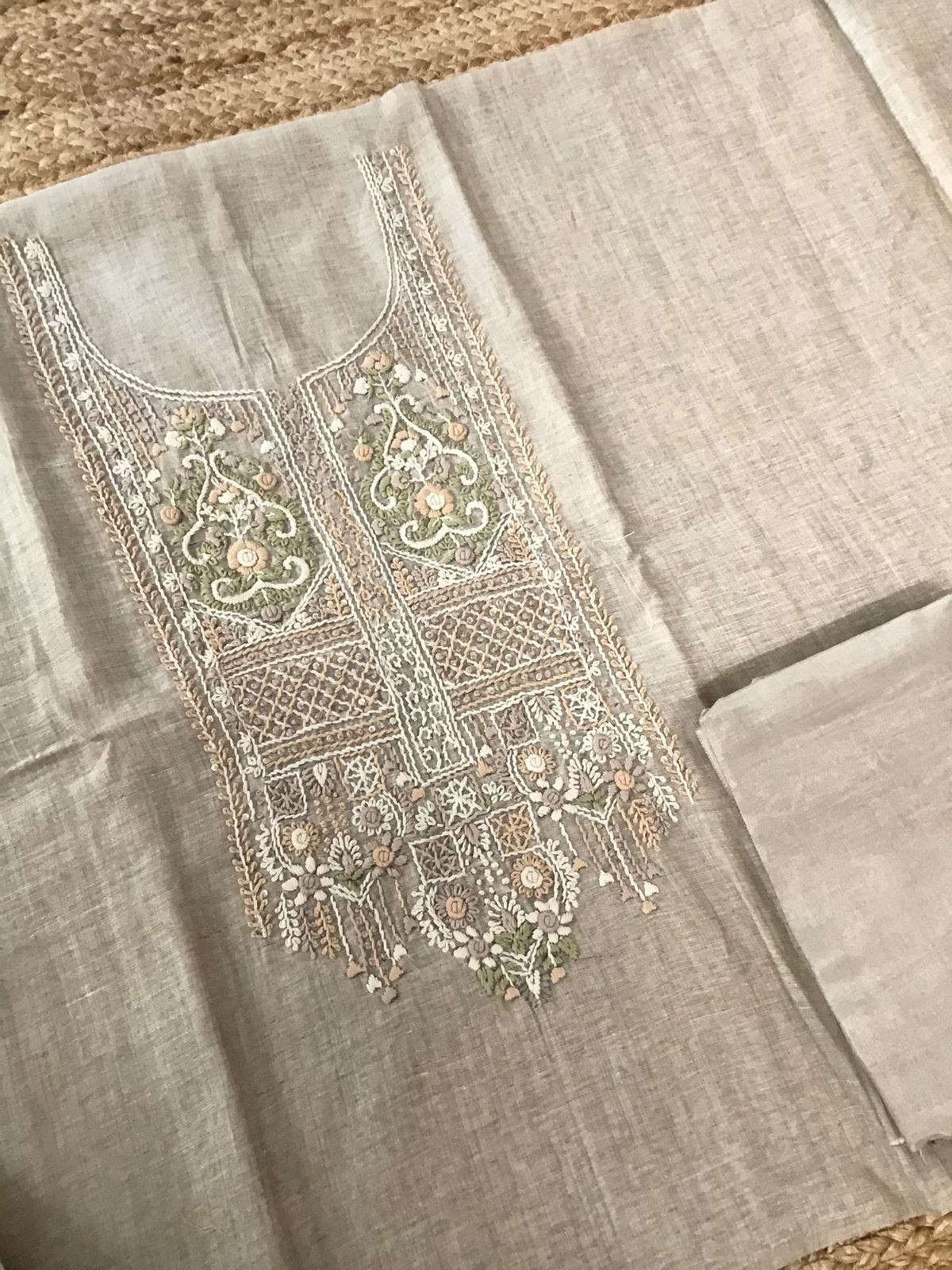 Soft Slub Chanderi Jamdani Weaved Embroidered Suit - Beige