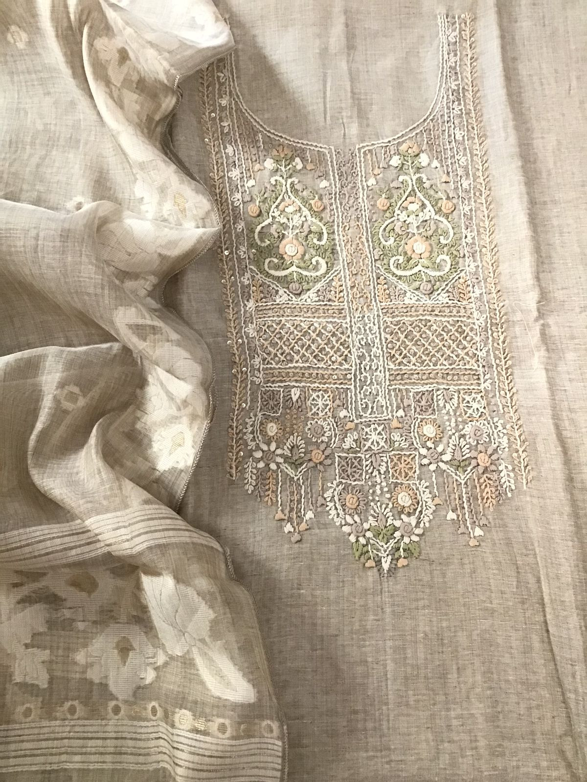 Soft Slub Chanderi Jamdani Weaved Embroidered Suit - Beige