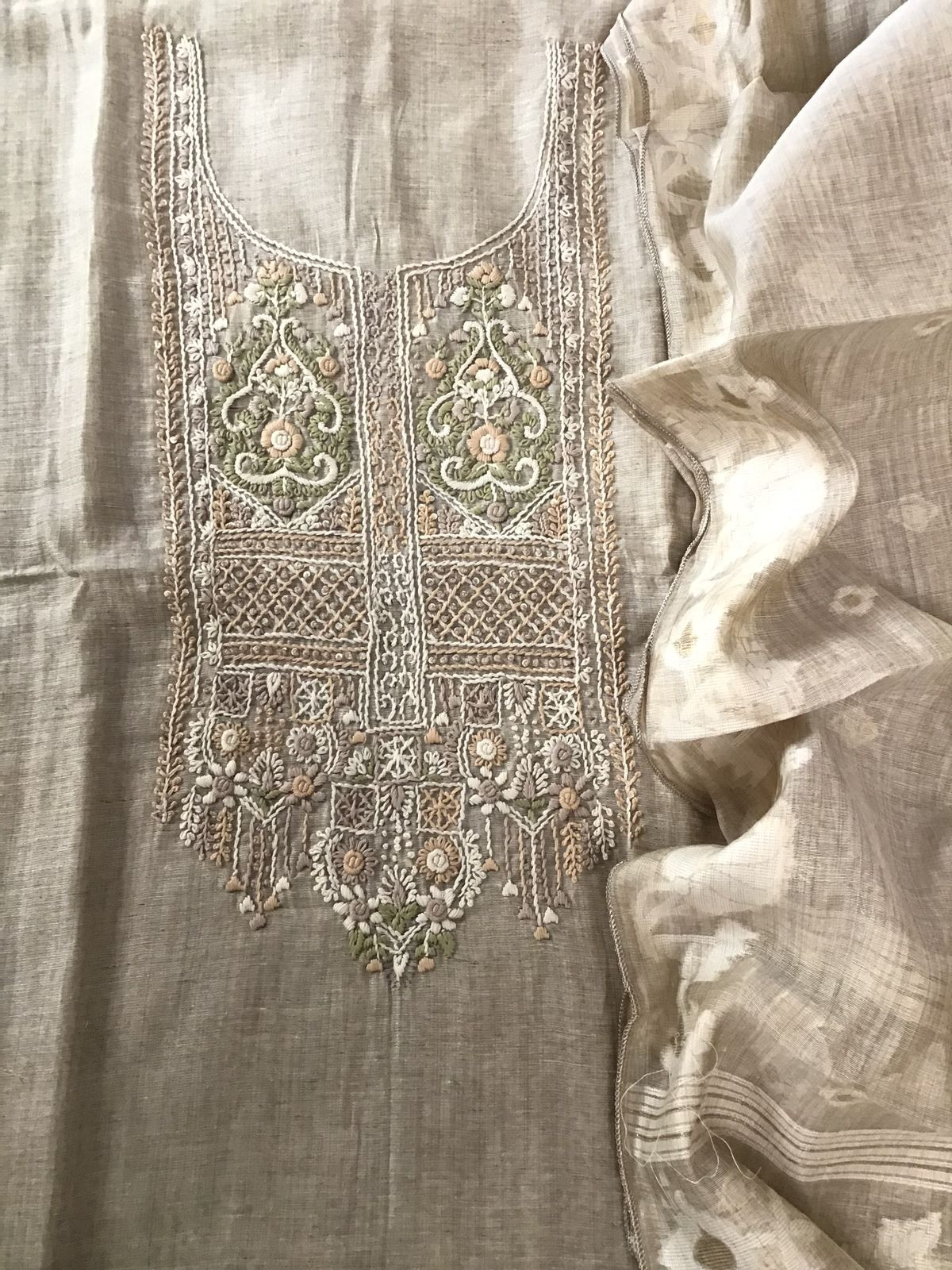Soft Slub Chanderi Jamdani Weaved Embroidered Suit - Beige