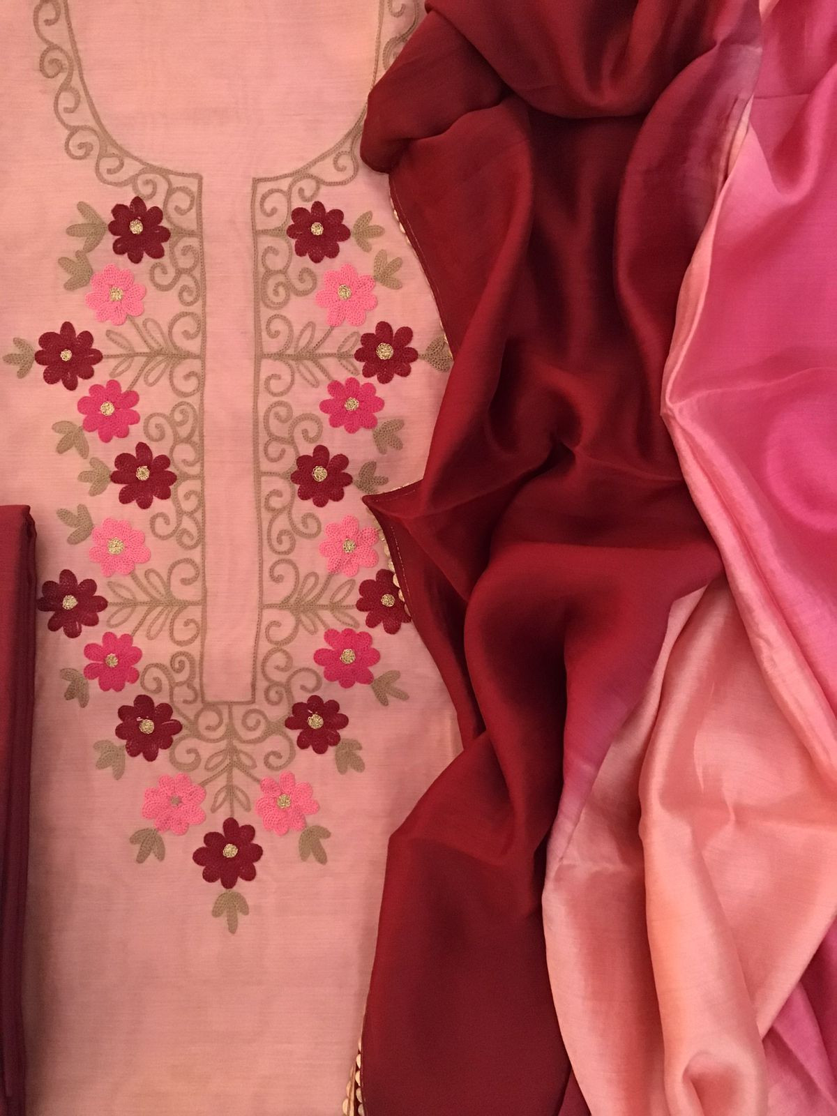 Soft Chanderi Embroidered Suit - Peach