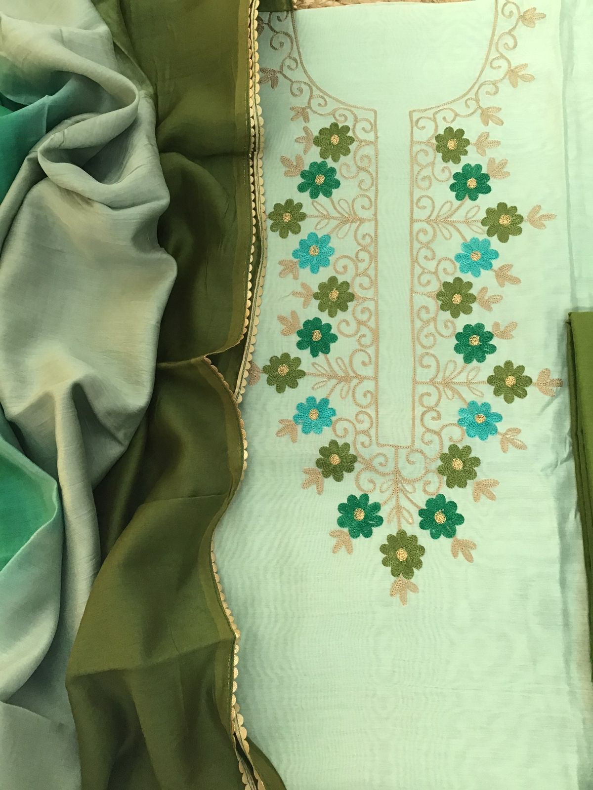 Soft Chanderi Embroidered Suit - Green