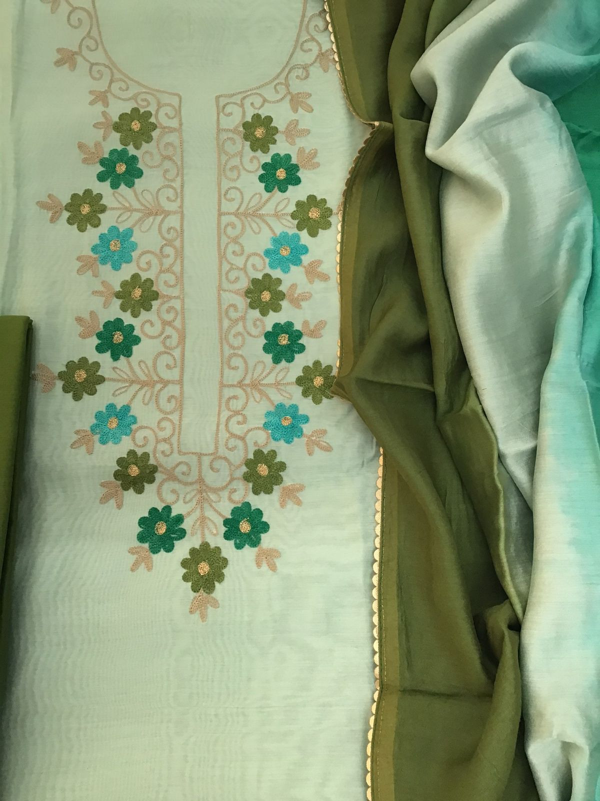 Soft Chanderi Embroidered Suit - Green