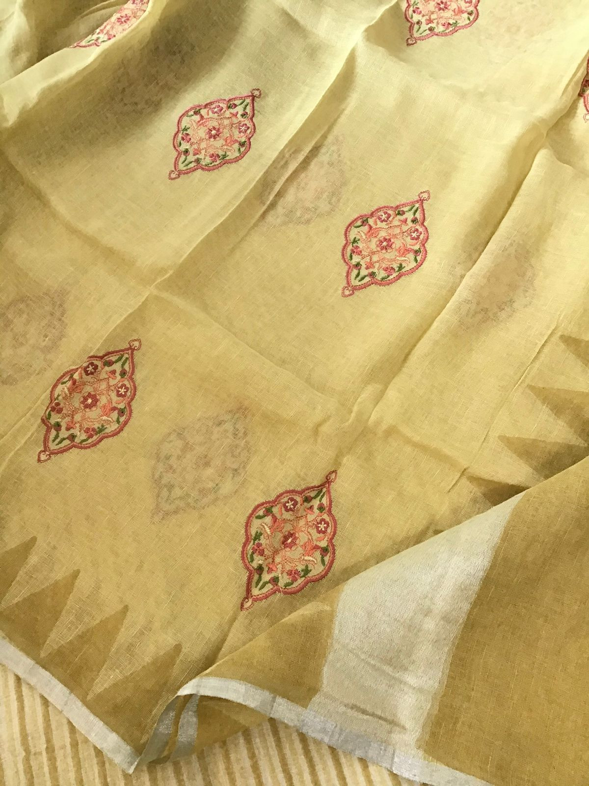 Pure Linen Jute Cotton Printed Embroidered Suit - Yellow