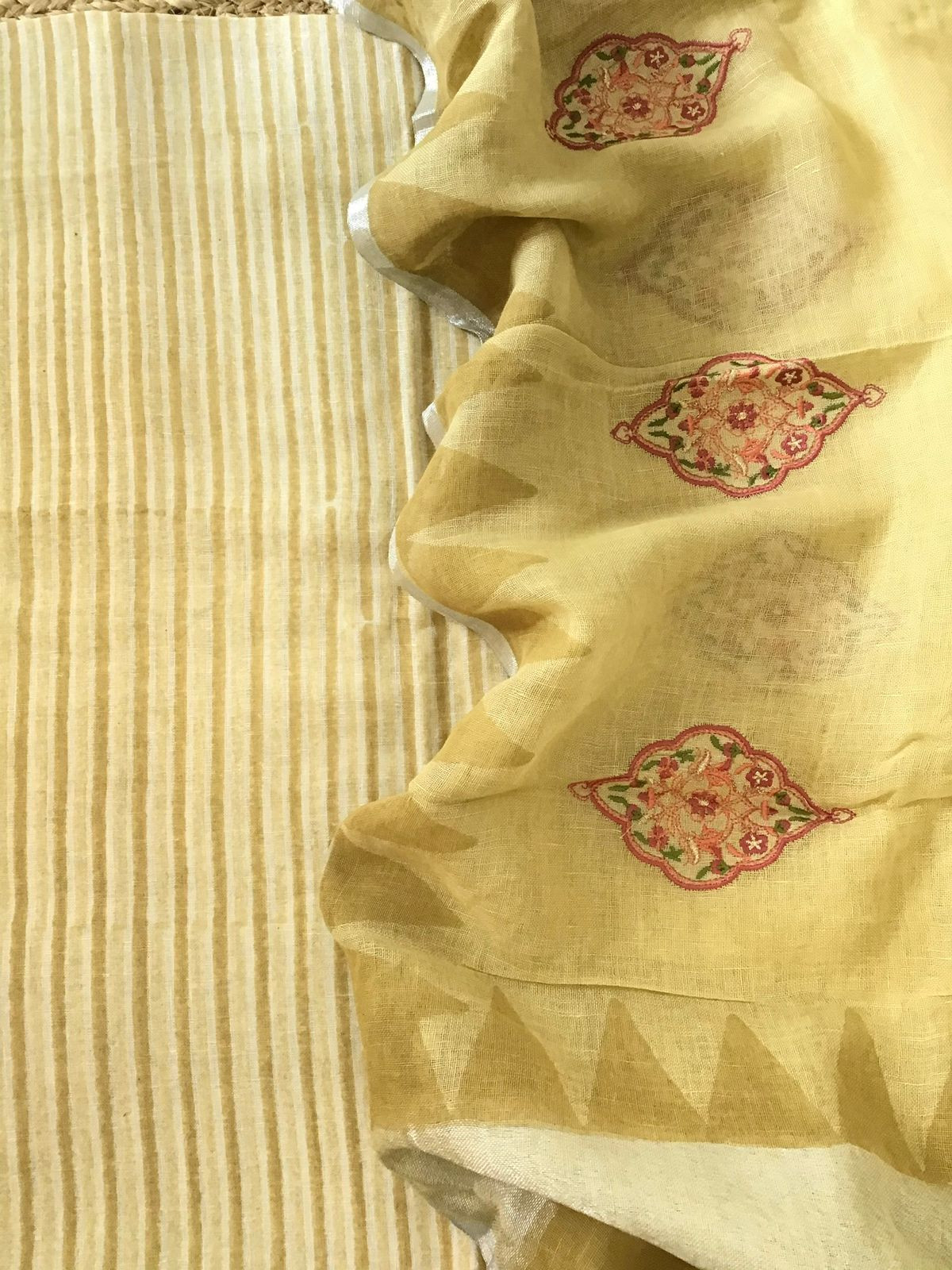Pure Linen Jute Cotton Printed Embroidered Suit - Yellow