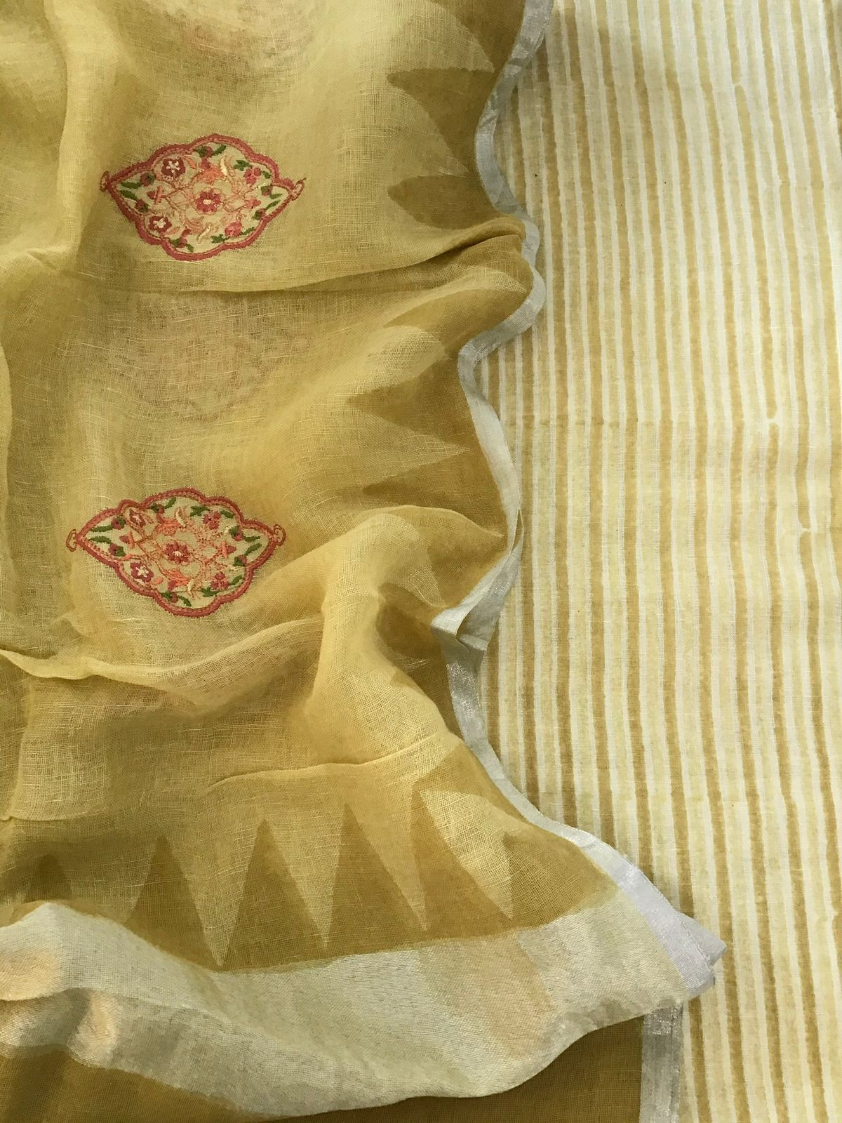 Pure Linen Jute Cotton Printed Embroidered Suit - Yellow