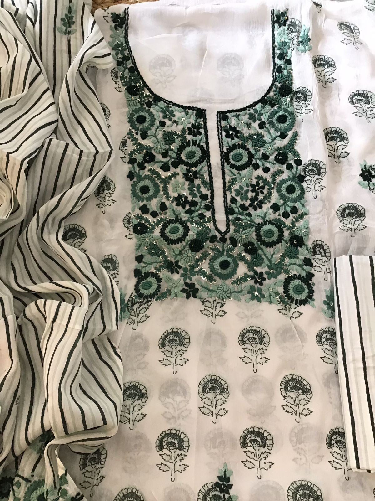 Pure Fine Chinnon Silk Printed Embroidered Suit - White