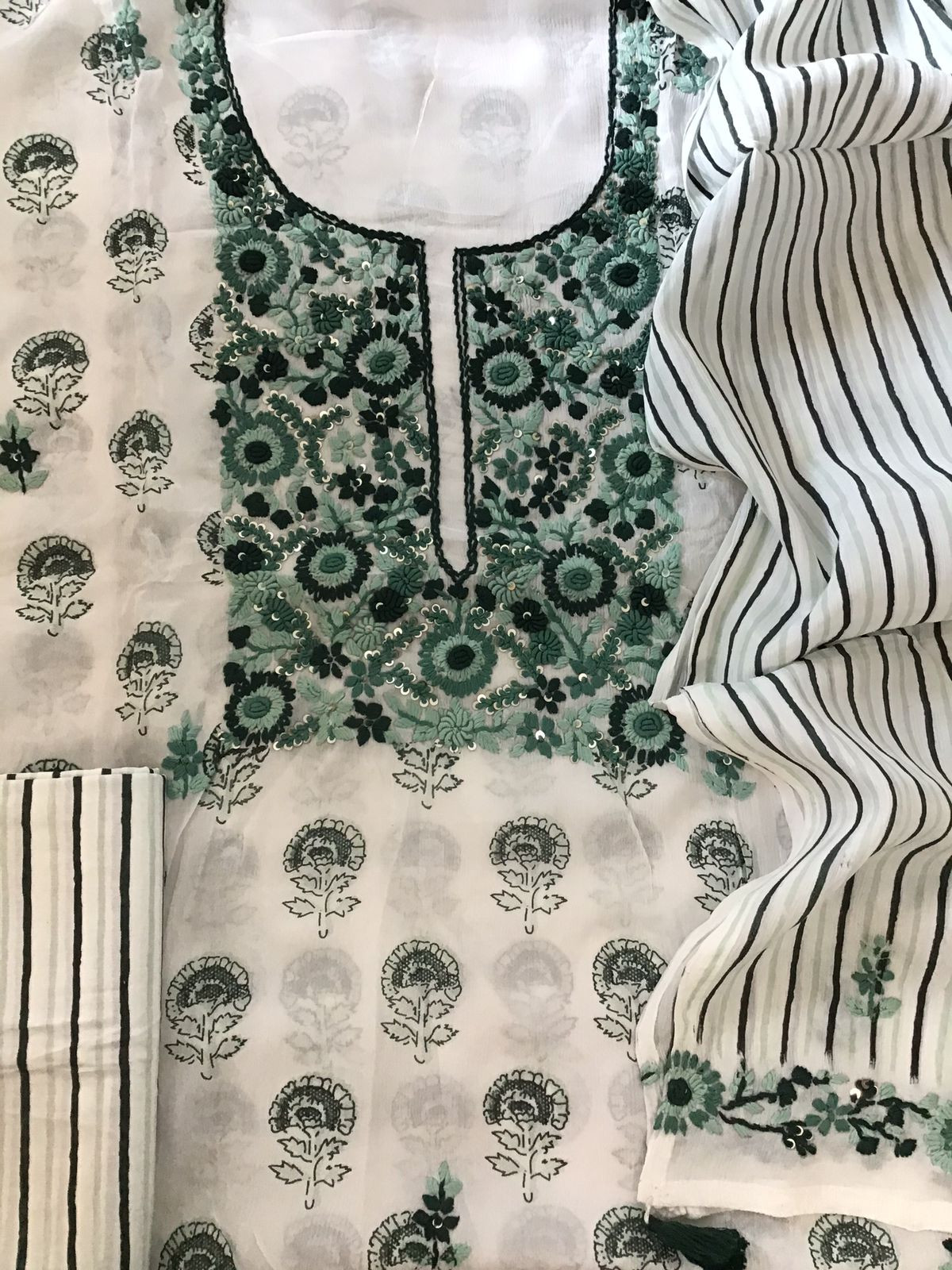 Pure Fine Chinnon Silk Printed Embroidered Suit - White