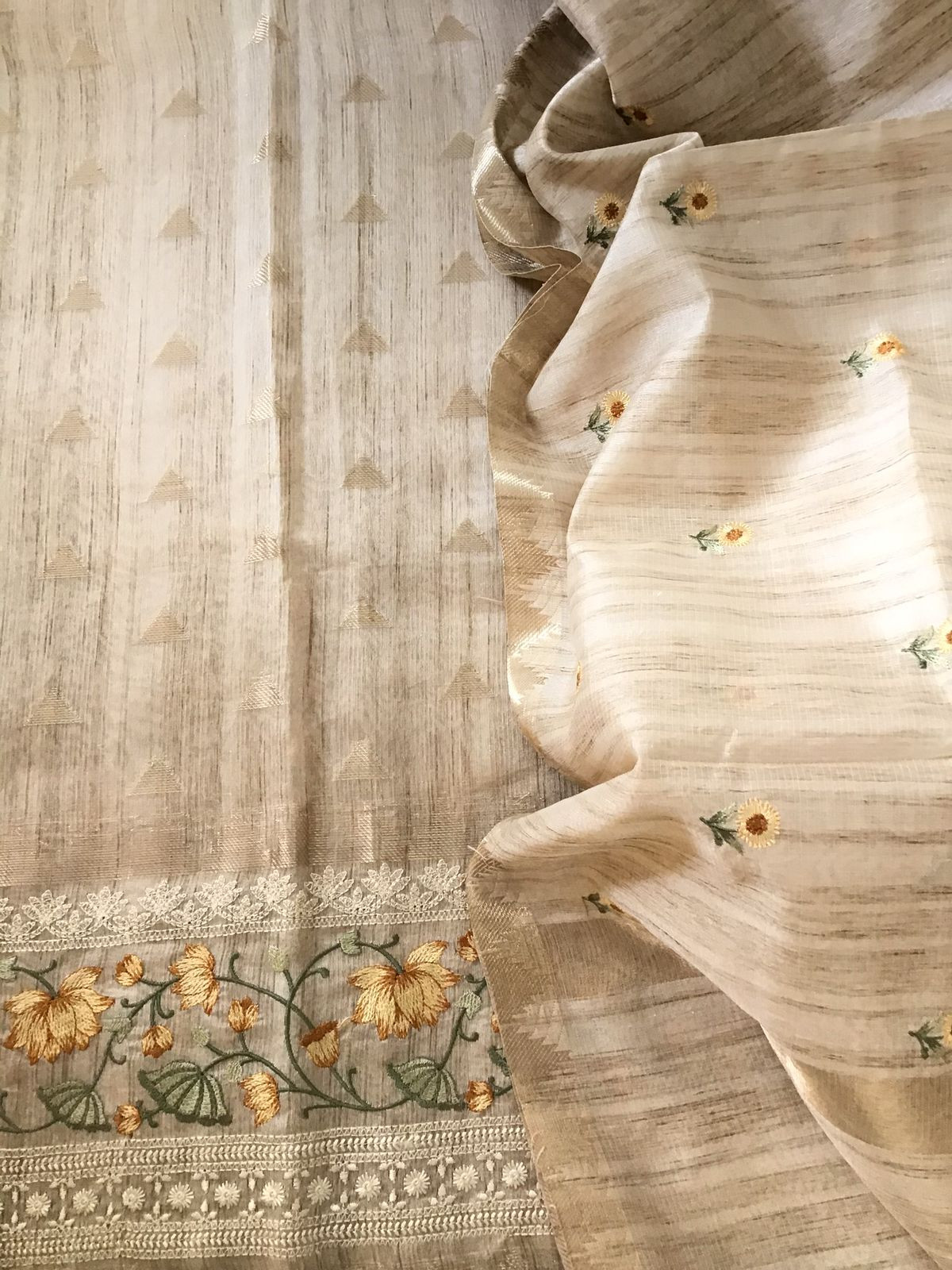 Soft Slub Chanderi Embroidered Suit - Beige