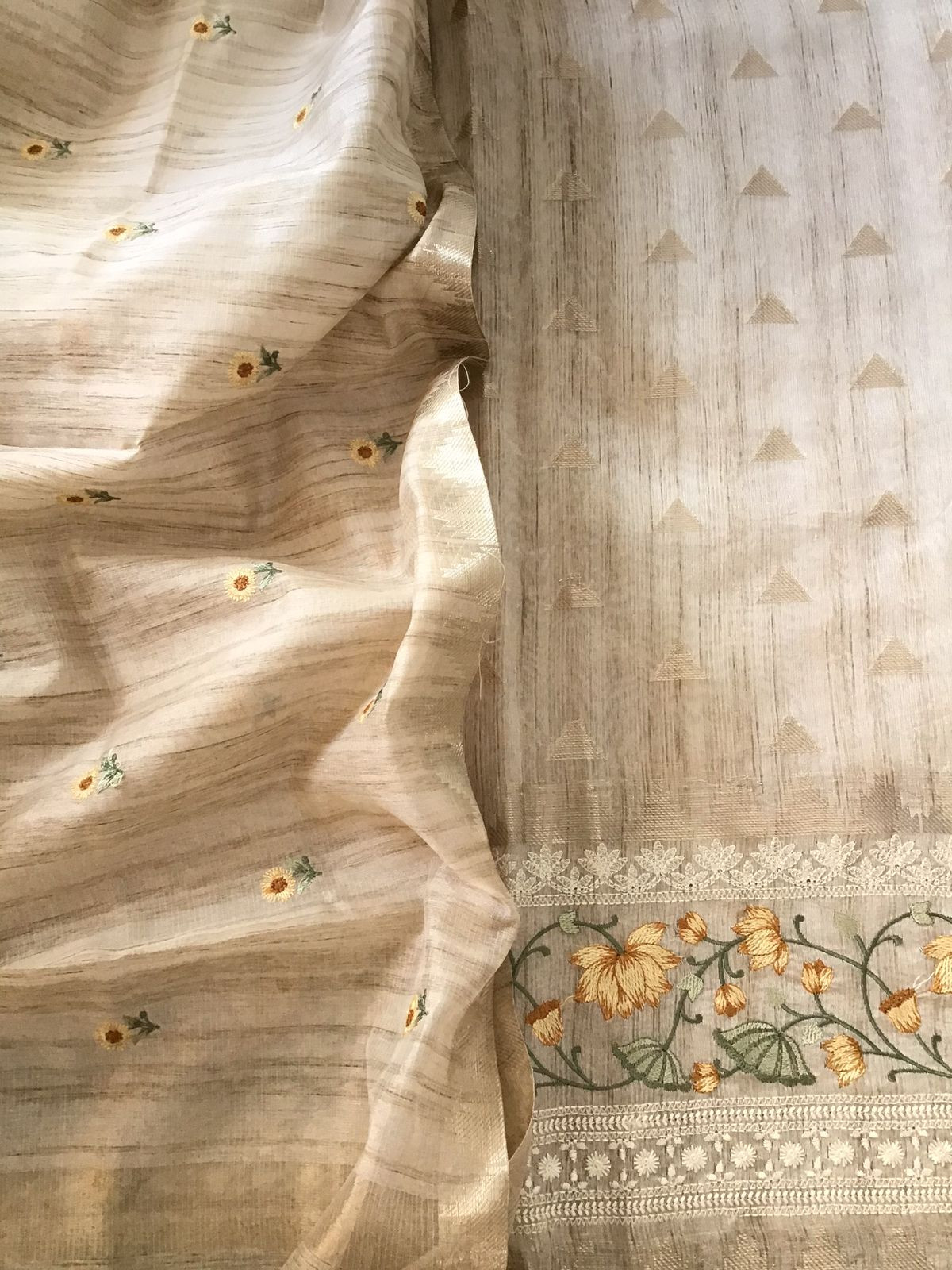 Soft Slub Chanderi Embroidered Suit - Beige