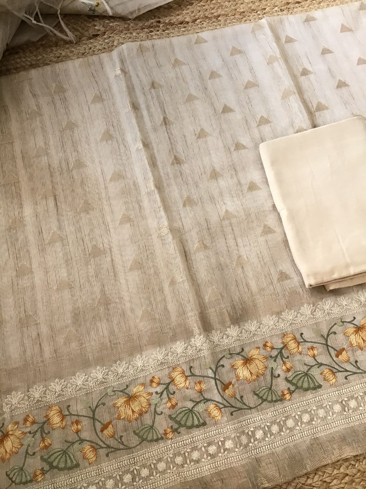 Soft Slub Chanderi Embroidered Suit - Beige