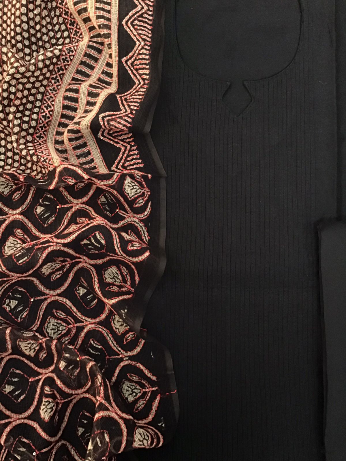 Pure Cotton Silk Pintucks Embroidered Printed Suit - Black