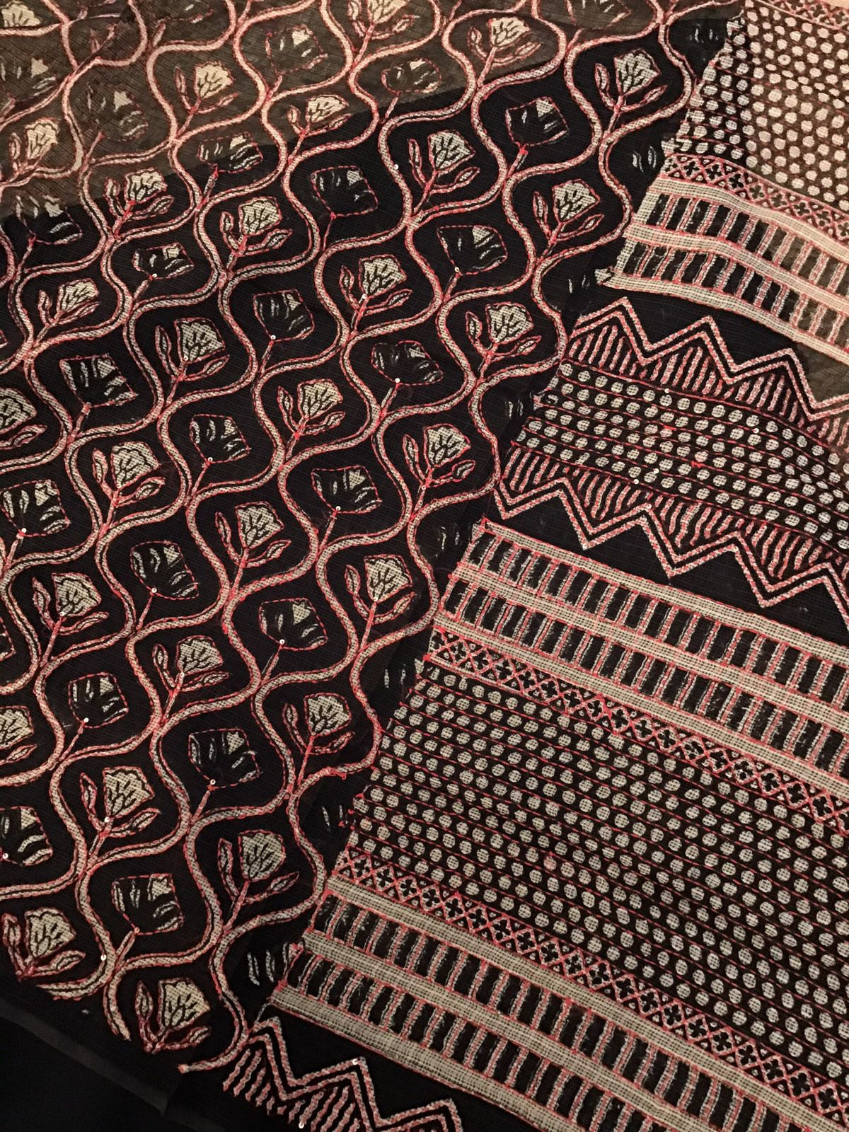 Pure Cotton Silk Pintucks Embroidered Printed Suit - Black