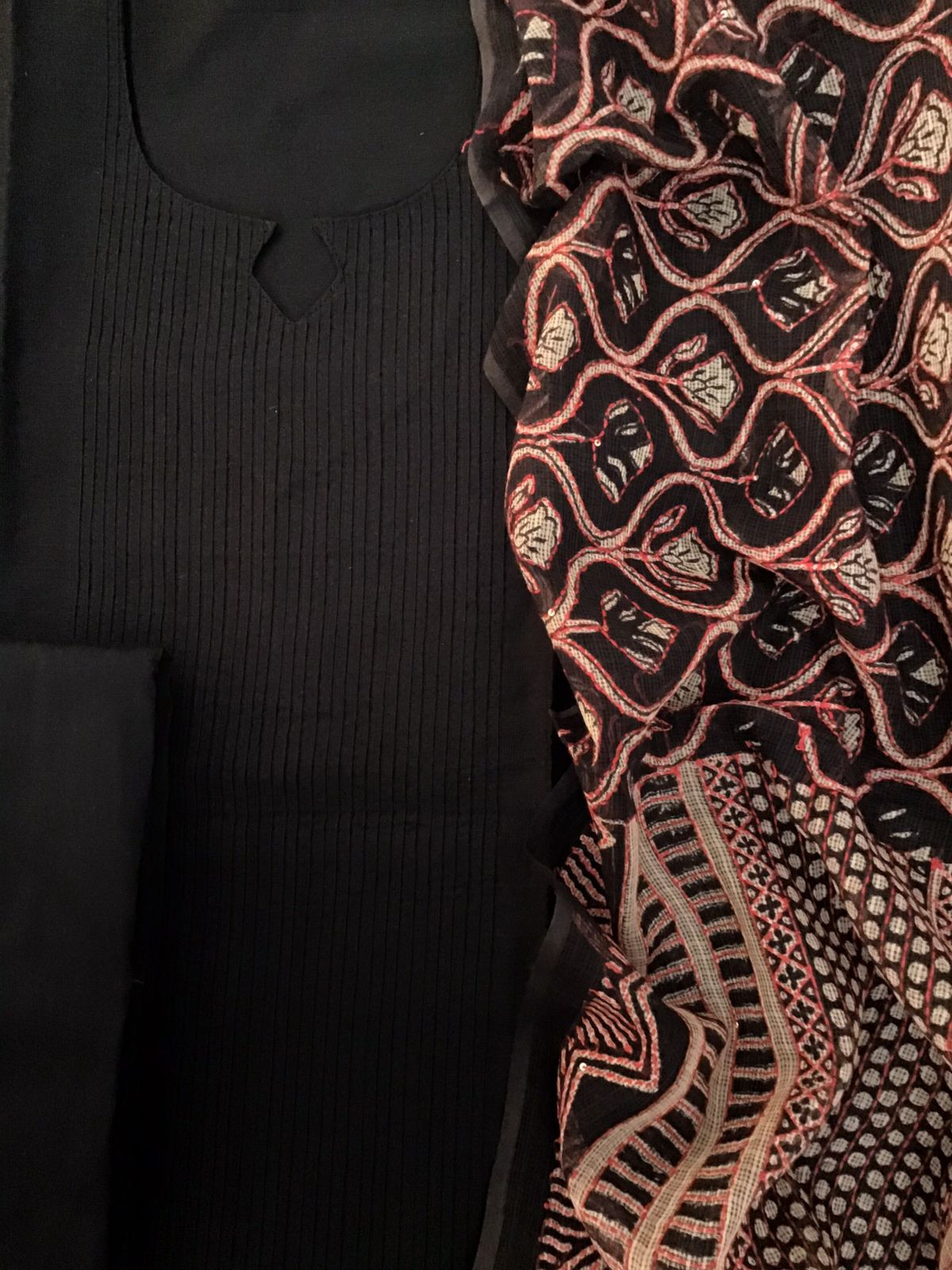 Pure Cotton Silk Pintucks Embroidered Printed Suit - Black