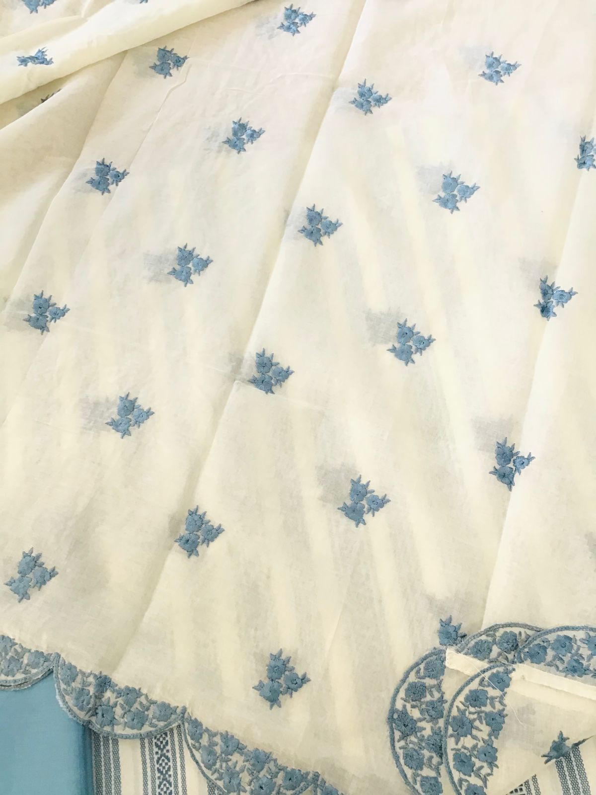 Pure Cotton Printed Embroidered Suit - White