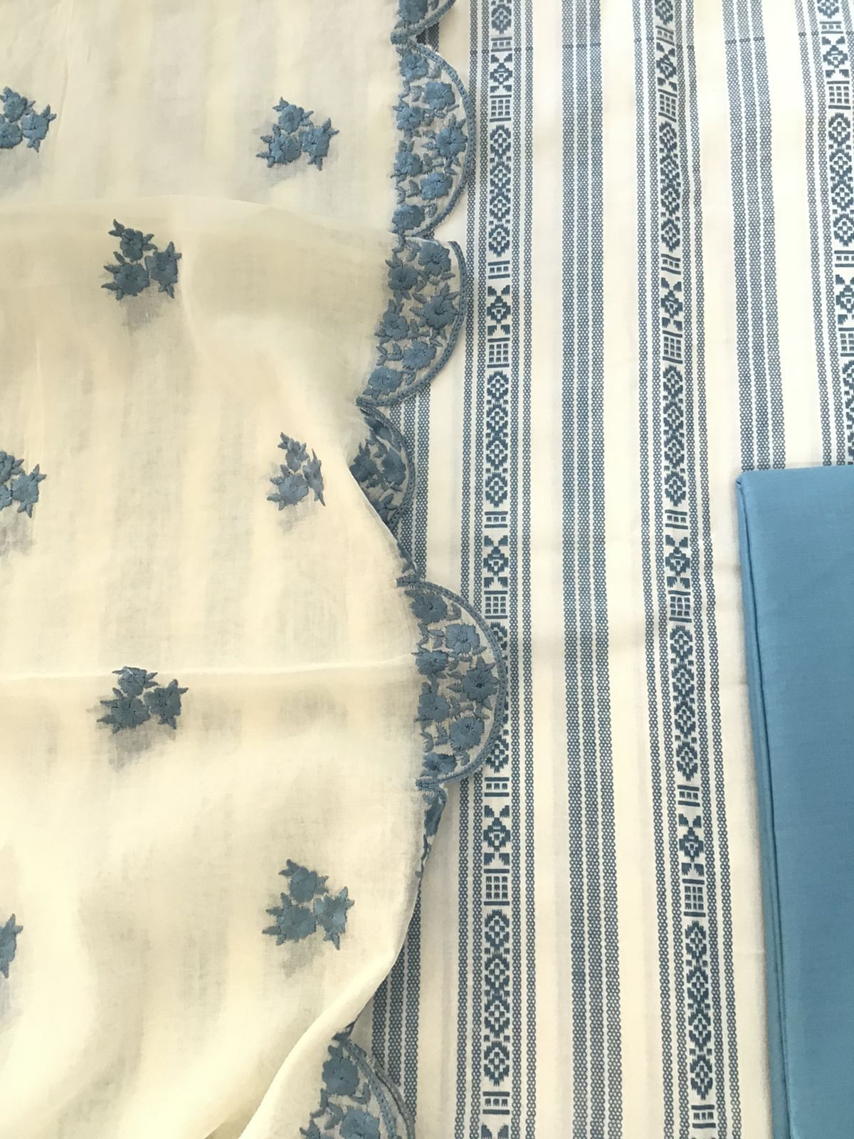 Pure Cotton Printed Embroidered Suit - White