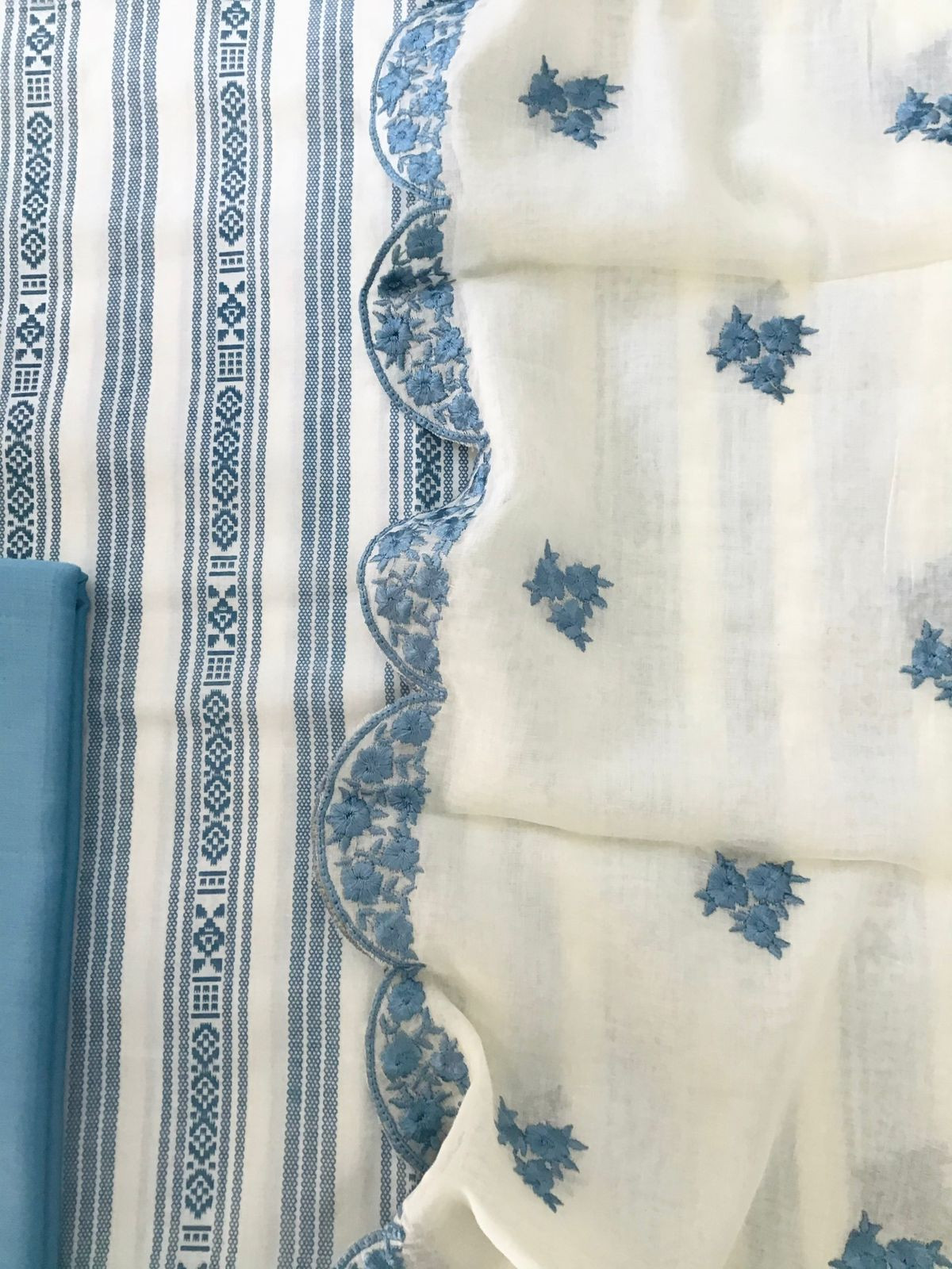 Pure Cotton Printed Embroidered Suit - White