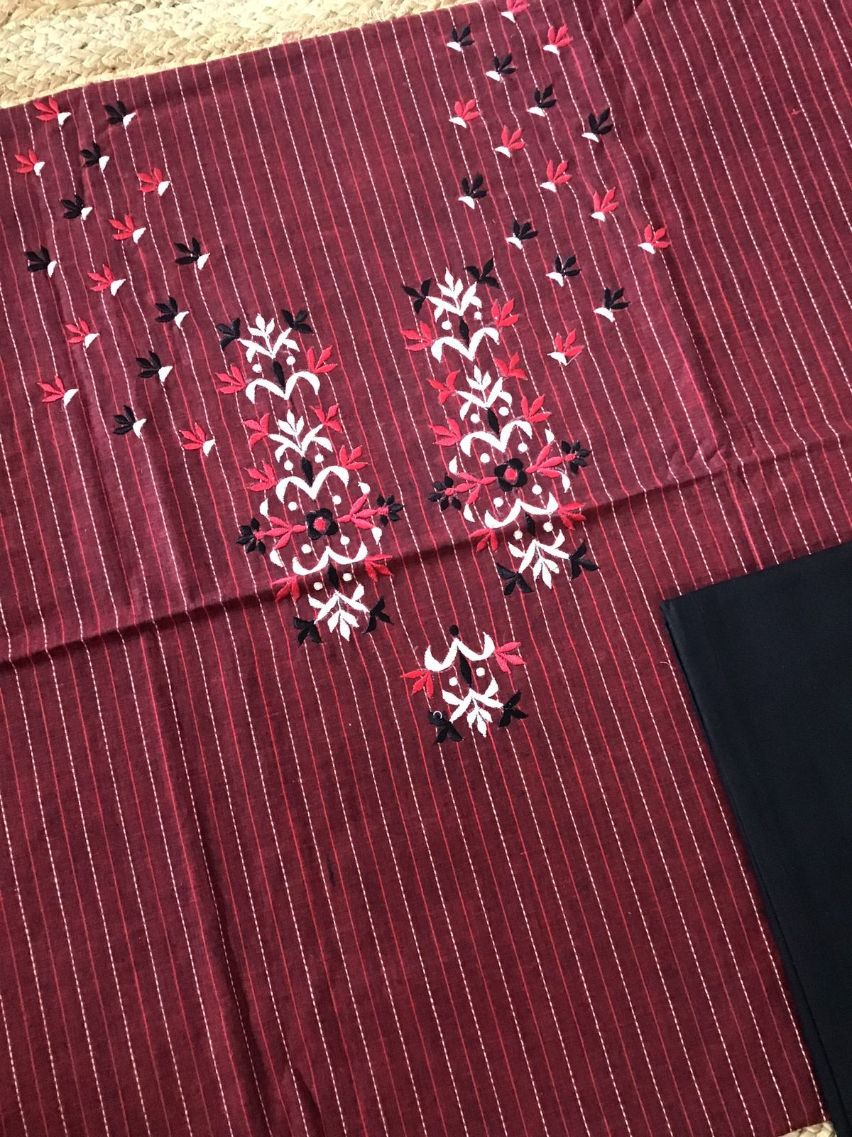 Pure Cotton Self Weaved Embroidered Suit - Maroon