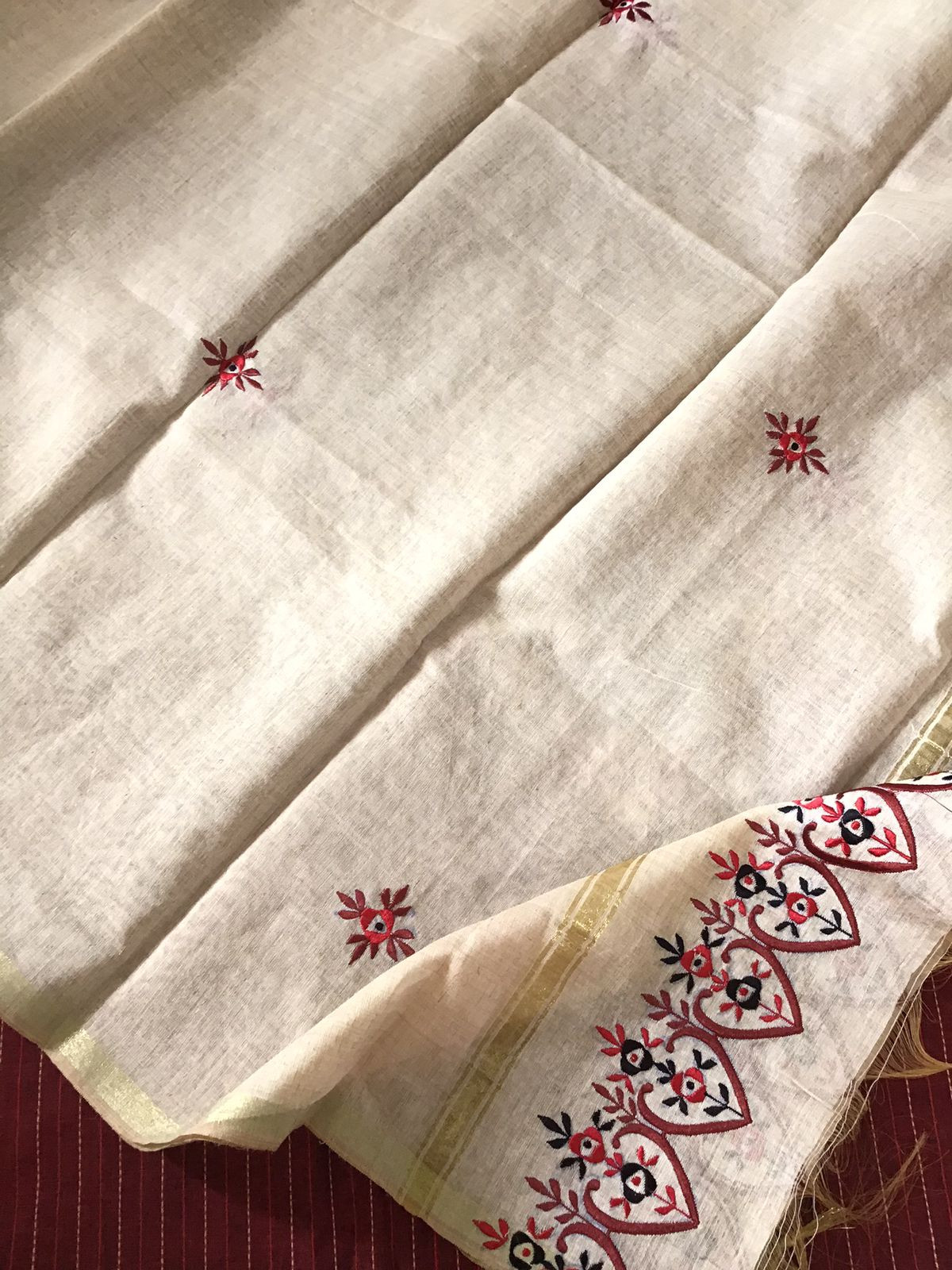 Pure Cotton Self Weaved Embroidered Suit - Maroon