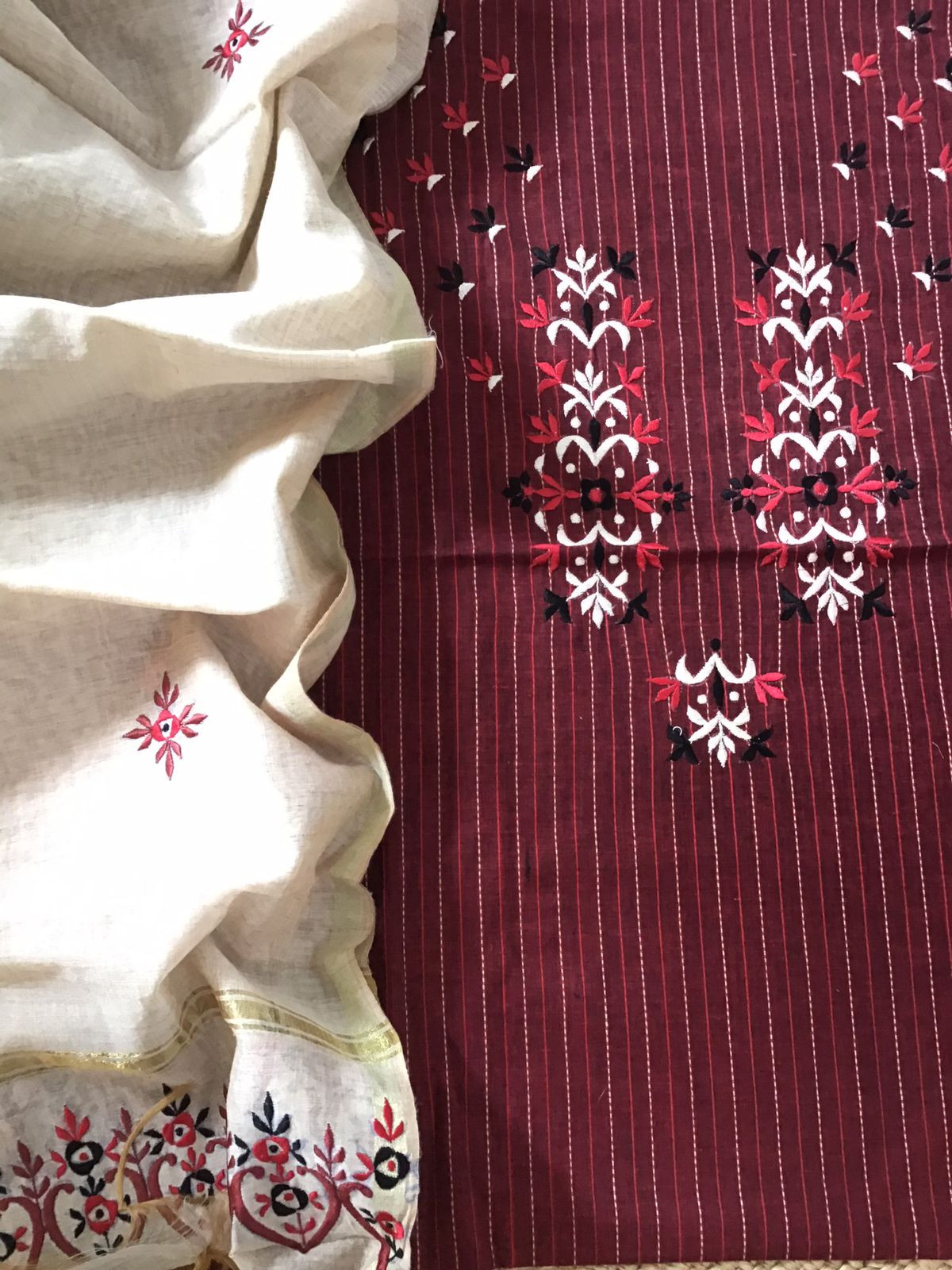 Pure Cotton Self Weaved Embroidered Suit - Maroon