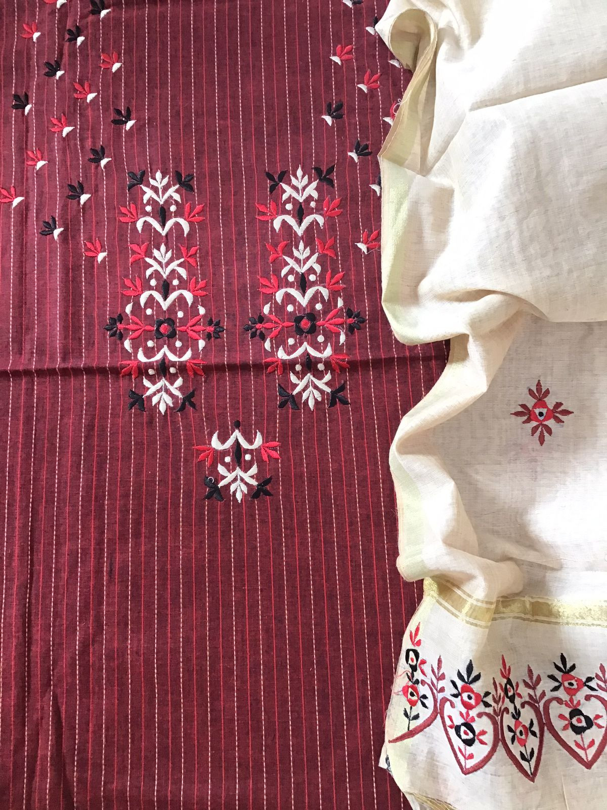 Pure Cotton Self Weaved Embroidered Suit - Maroon