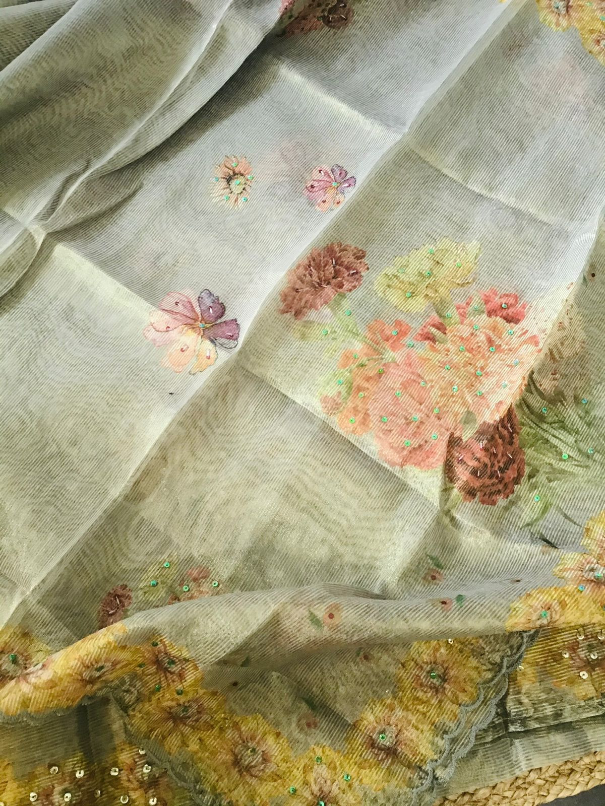 Soft Tissue Chanderi Printed Embroidered Suit - Blue