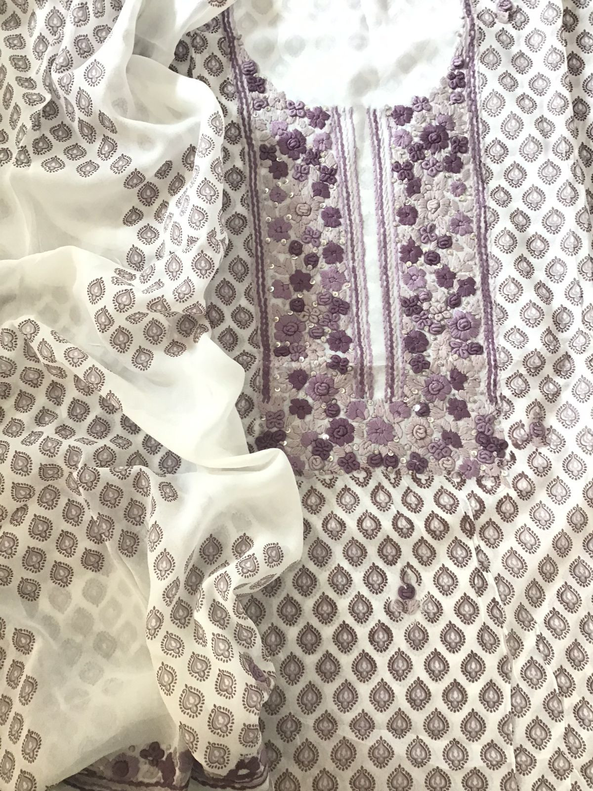 Soft Georgette Printed Embroidered Suit - White